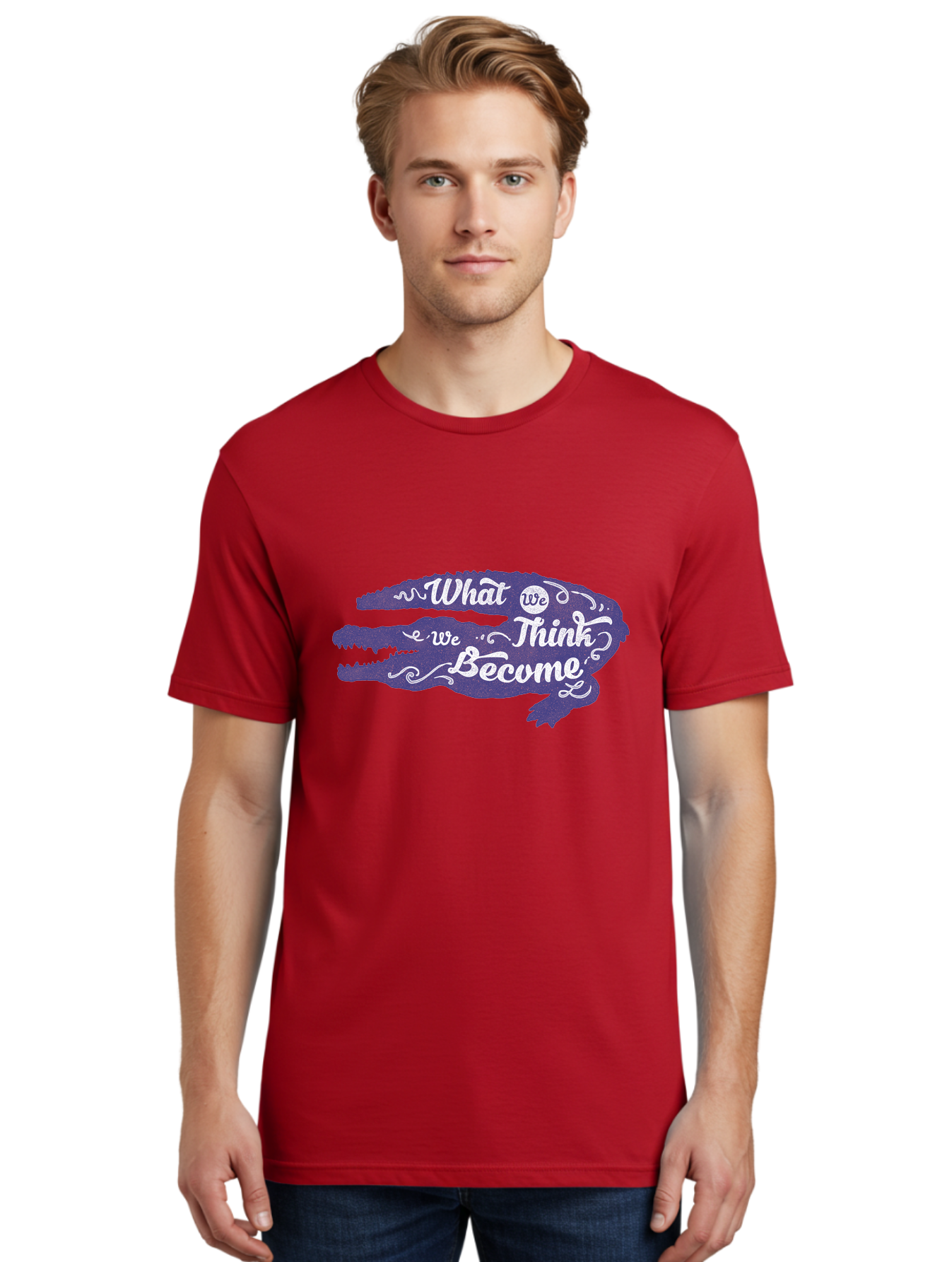 What We Think We Become Men'S Graphic Tee, 100% Cotton, Comfortable Casual Summer Wear, Machine Washable, Inspirational Quote, Motivational Words, Alligator Silhouette, Creative Typography, White Text On Dark Purple, Positive Affirmations, Aae837 2