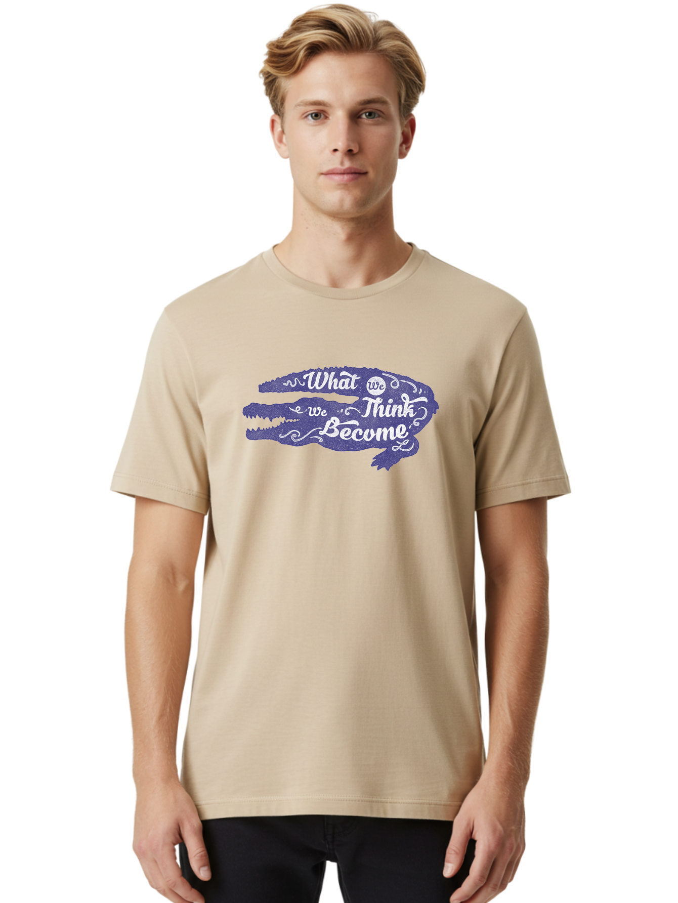What We Think We Become Men'S Graphic Tee, 100% Cotton, Comfortable Casual Summer Wear, Machine Washable, Inspirational Quote, Motivational Words, Alligator Silhouette, Creative Typography, White Text On Dark Purple, Positive Affirmations, Aae837 30