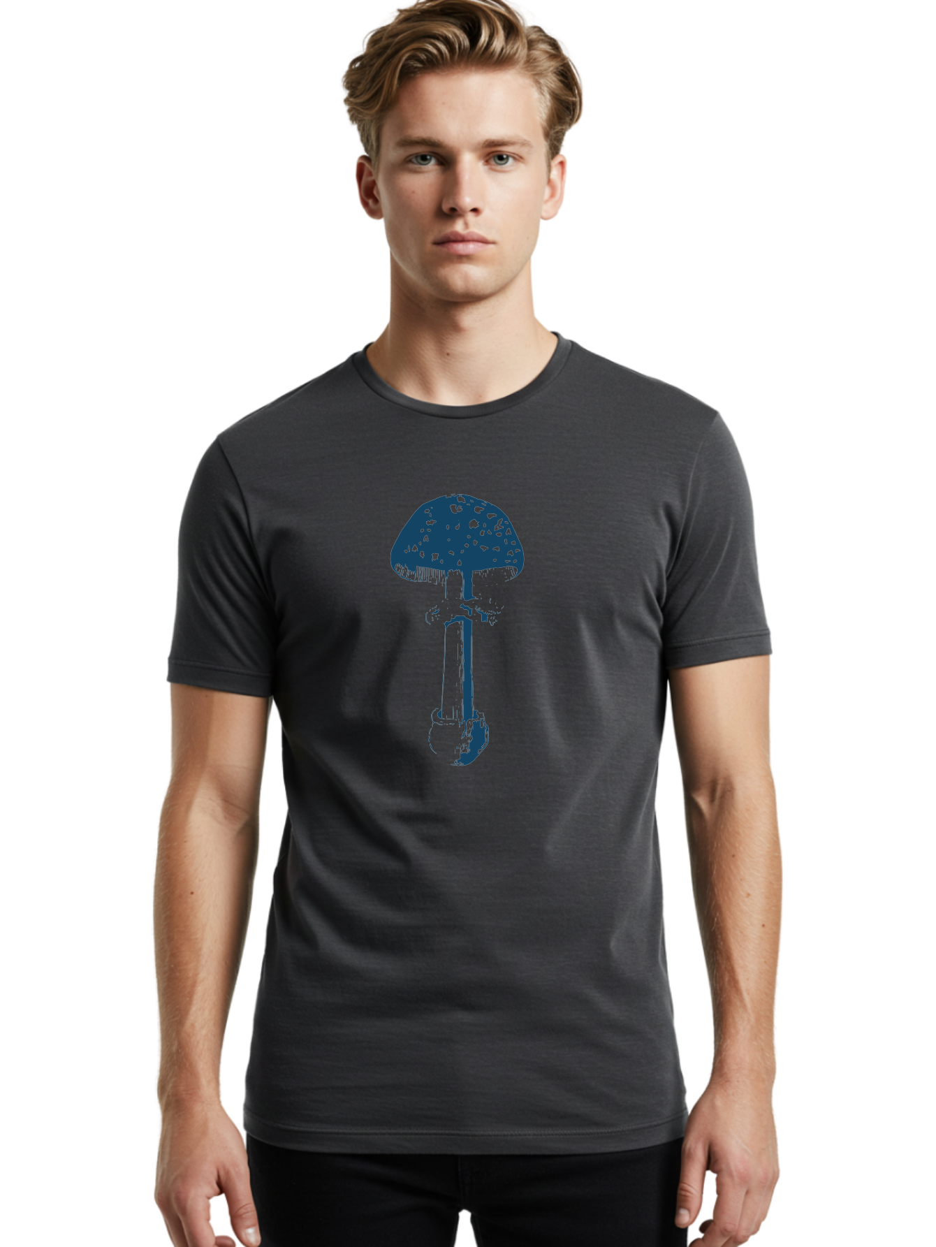 Wild Forest Mushroom Men'S Graphic Tee, 100% Cotton, Comfortable Casual Summer Wear, Machine Washable, Blue Mushroom Illustration, Fungal Art, Psychedelic Design, Mushroom Cap, Stem And Base, Abstract Art, Modern Graphic Aae843 16