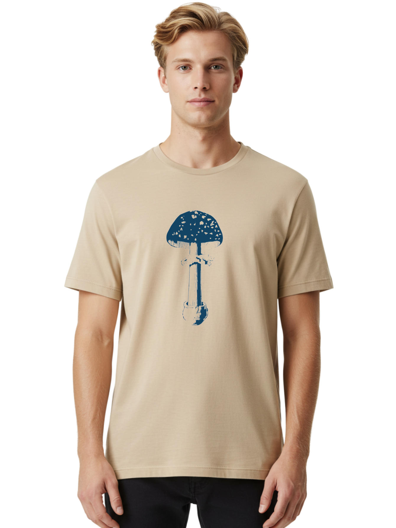 Wild Forest Mushroom Men'S Graphic Tee, 100% Cotton, Comfortable Casual Summer Wear, Machine Washable, Blue Mushroom Illustration, Fungal Art, Psychedelic Design, Mushroom Cap, Stem And Base, Abstract Art, Modern Graphic Aae843 24
