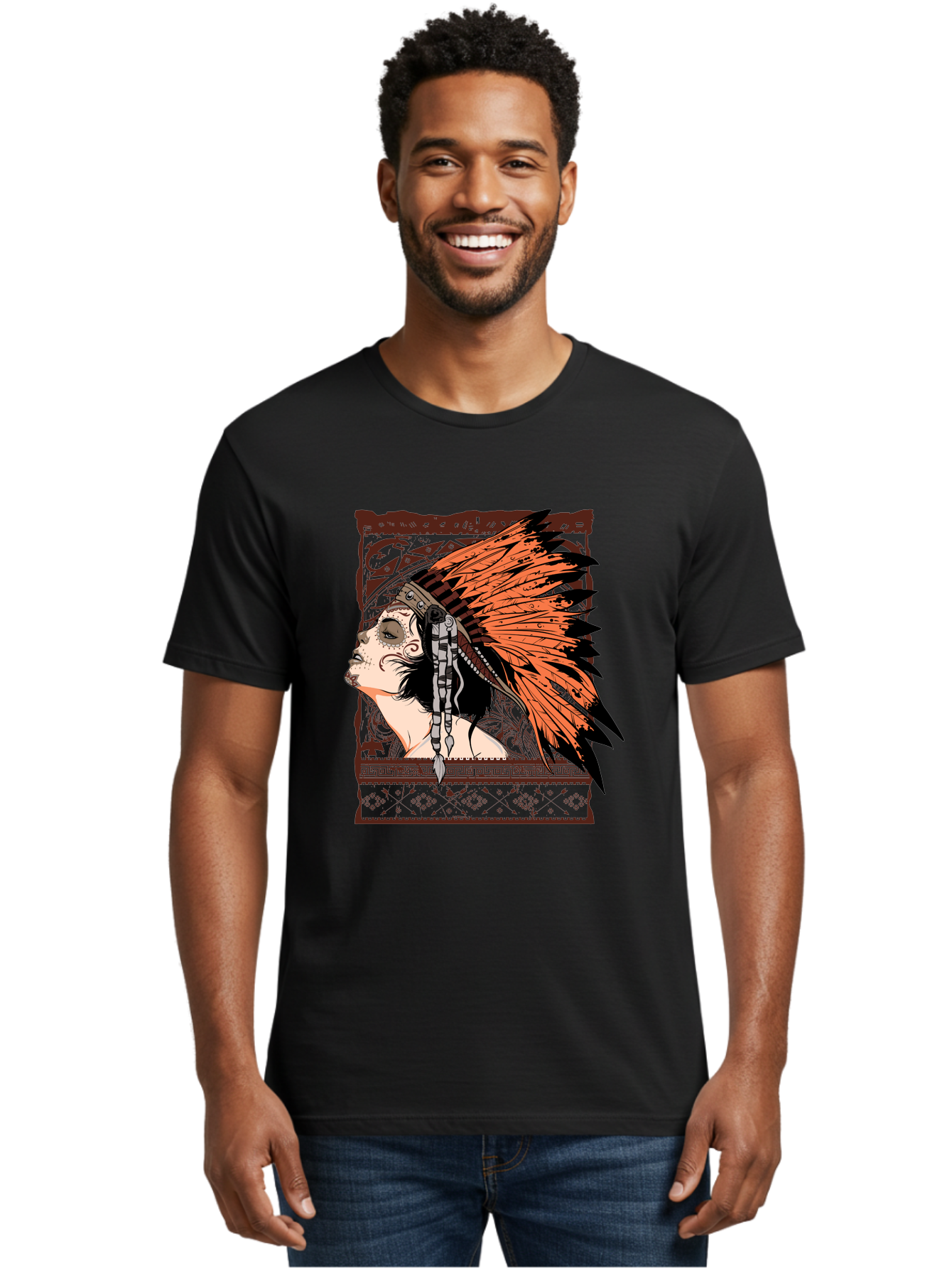 Wild Grace Men'S Graphic Tee, 100% Cotton, Comfortable Casual Summer Wear, Machine Washable, Native American Headdress, Tribal Art, Traditional Clothing, Ornate Details, Vintage Style, Folk Art, Cultural Heritage, Symbolic Expression, Aae844 10