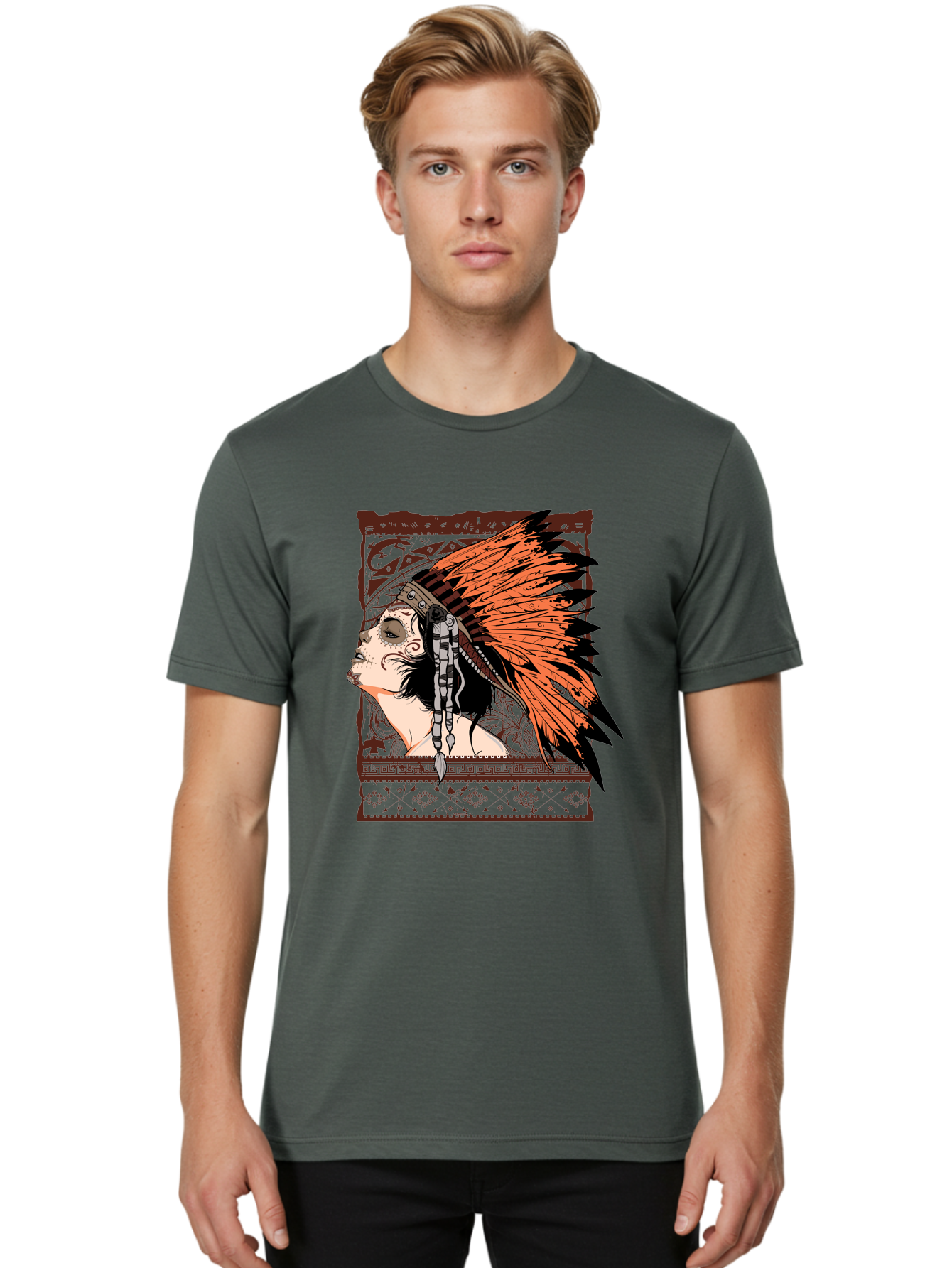 Wild Grace Men'S Graphic Tee, 100% Cotton, Comfortable Casual Summer Wear, Machine Washable, Native American Headdress, Tribal Art, Traditional Clothing, Ornate Details, Vintage Style, Folk Art, Cultural Heritage, Symbolic Expression, Aae844 30