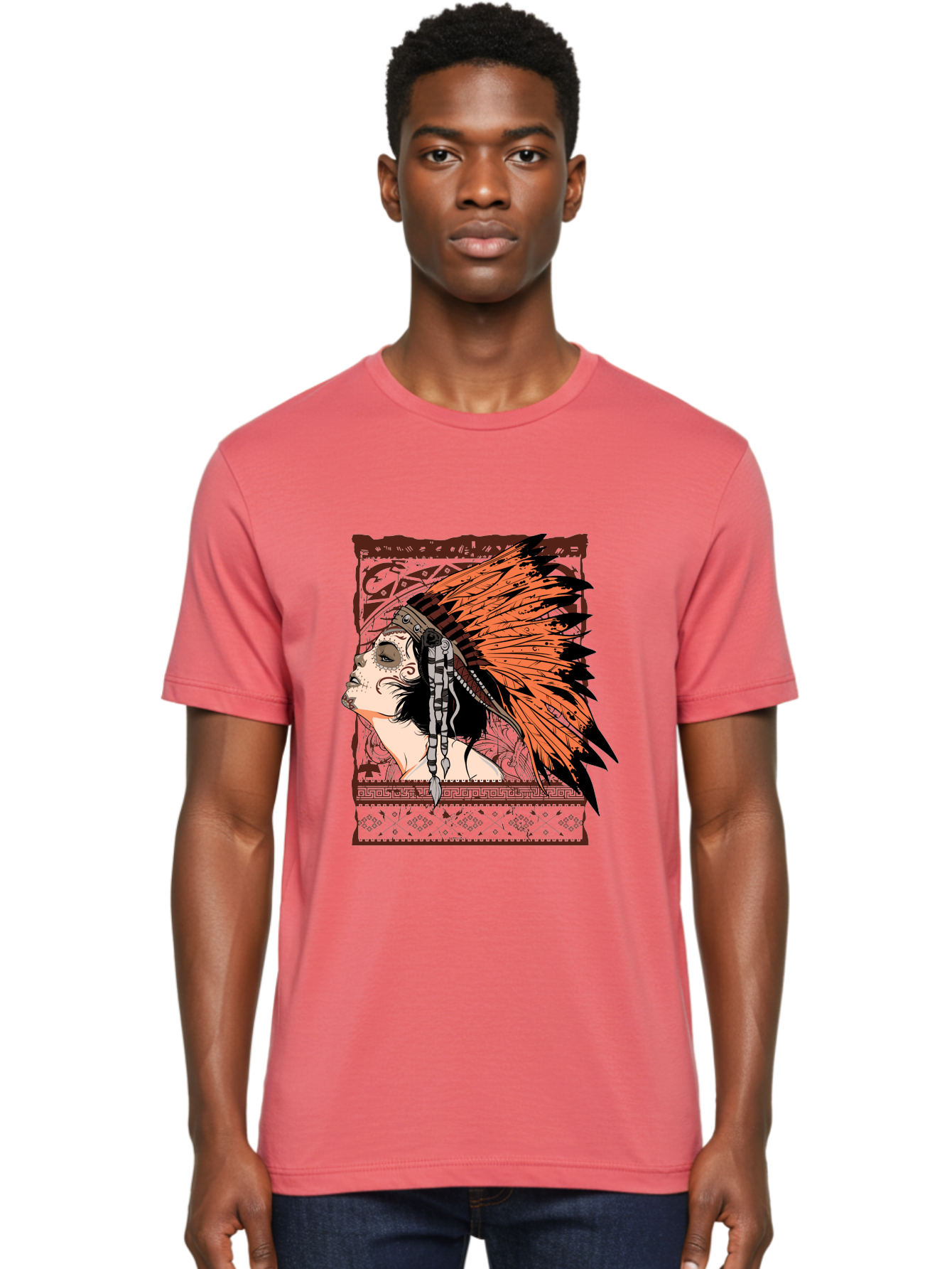 Wild Grace Men'S Graphic Tee, 100% Cotton, Comfortable Casual Summer Wear, Machine Washable, Native American Headdress, Tribal Art, Traditional Clothing, Ornate Details, Vintage Style, Folk Art, Cultural Heritage, Symbolic Expression, Aae844 22