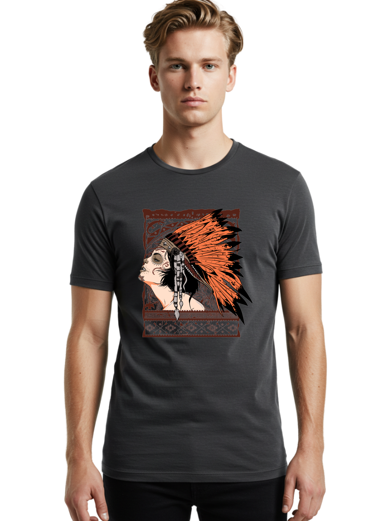 Wild Grace Men'S Graphic Tee, 100% Cotton, Comfortable Casual Summer Wear, Machine Washable, Native American Headdress, Tribal Art, Traditional Clothing, Ornate Details, Vintage Style, Folk Art, Cultural Heritage, Symbolic Expression, Aae844 6
