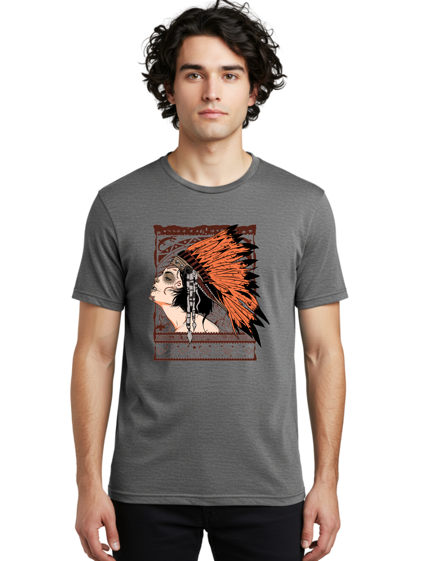 Wild Grace Men'S Graphic Tee, 100% Cotton, Comfortable Casual Summer Wear, Machine Washable, Native American Headdress, Tribal Art, Traditional Clothing, Ornate Details, Vintage Style, Folk Art, Cultural Heritage, Symbolic Expression, Aae844 24