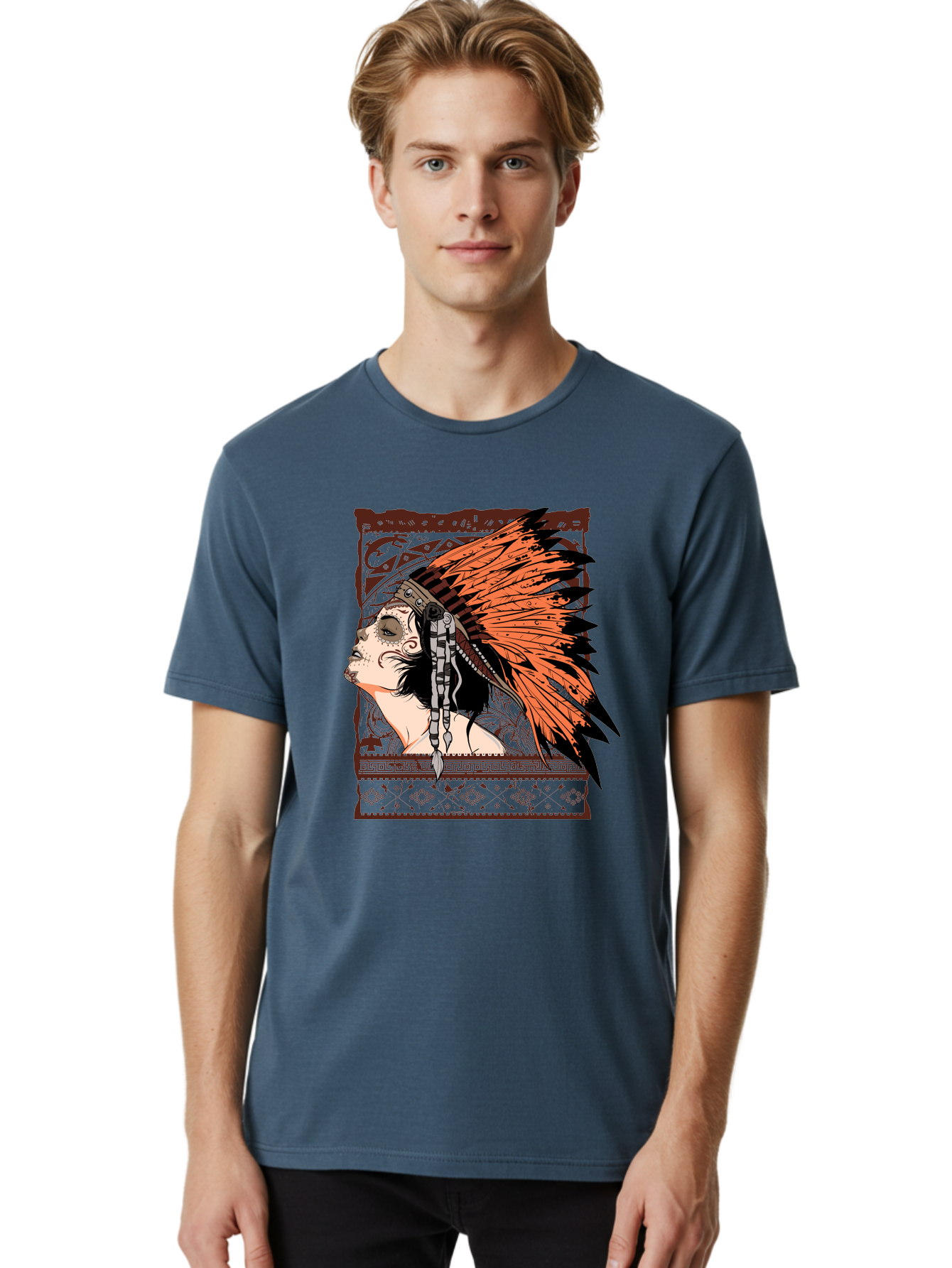 Wild Grace Men'S Graphic Tee, 100% Cotton, Comfortable Casual Summer Wear, Machine Washable, Native American Headdress, Tribal Art, Traditional Clothing, Ornate Details, Vintage Style, Folk Art, Cultural Heritage, Symbolic Expression, Aae844 14