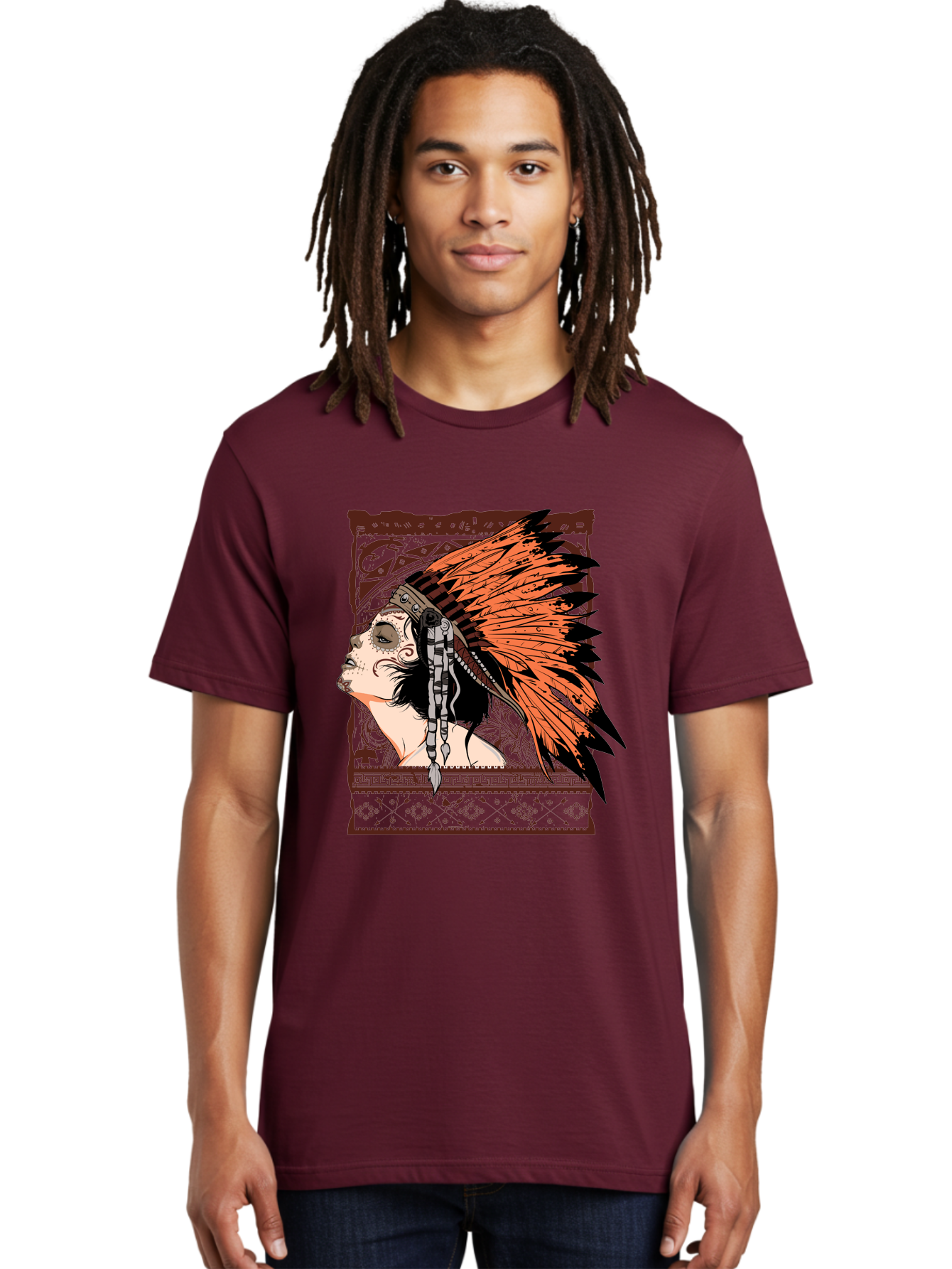 Wild Grace Men'S Graphic Tee, 100% Cotton, Comfortable Casual Summer Wear, Machine Washable, Native American Headdress, Tribal Art, Traditional Clothing, Ornate Details, Vintage Style, Folk Art, Cultural Heritage, Symbolic Expression, Aae844 20