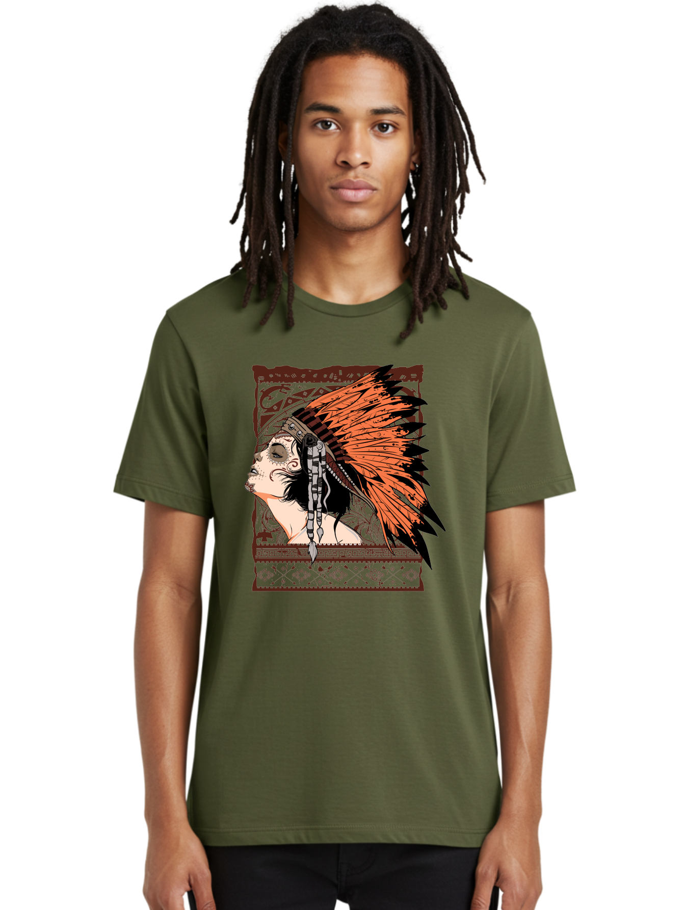 Wild Grace Men'S Graphic Tee, 100% Cotton, Comfortable Casual Summer Wear, Machine Washable, Native American Headdress, Tribal Art, Traditional Clothing, Ornate Details, Vintage Style, Folk Art, Cultural Heritage, Symbolic Expression, Aae844 26