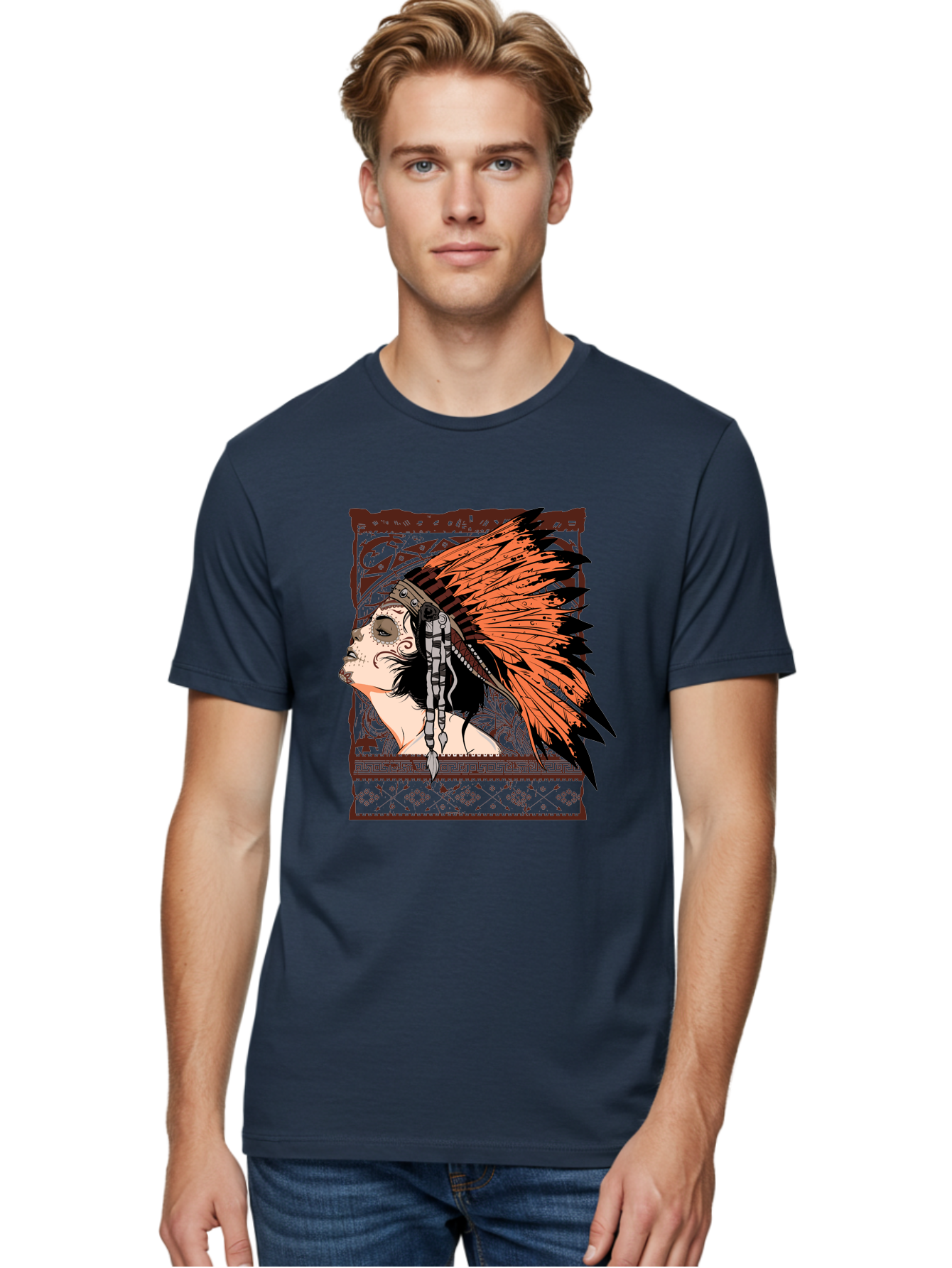 Wild Grace Men'S Graphic Tee, 100% Cotton, Comfortable Casual Summer Wear, Machine Washable, Native American Headdress, Tribal Art, Traditional Clothing, Ornate Details, Vintage Style, Folk Art, Cultural Heritage, Symbolic Expression, Aae844 4