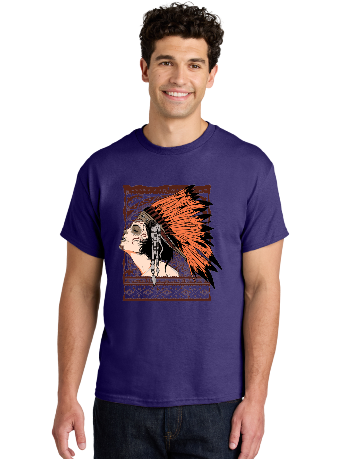 Wild Grace Men'S Graphic Tee, 100% Cotton, Comfortable Casual Summer Wear, Machine Washable, Native American Headdress, Tribal Art, Traditional Clothing, Ornate Details, Vintage Style, Folk Art, Cultural Heritage, Symbolic Expression, Aae844 18