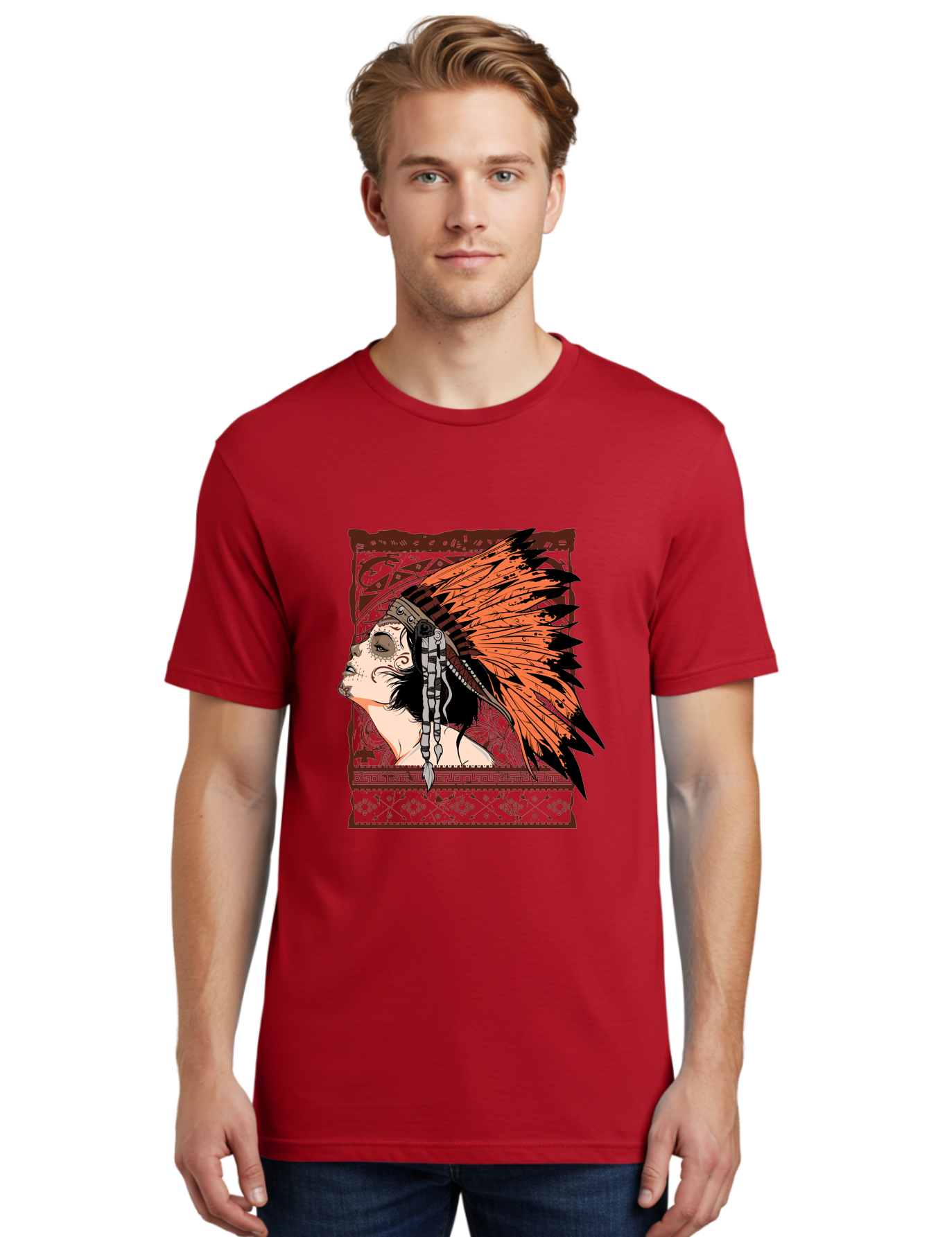 Wild Grace Men'S Graphic Tee, 100% Cotton, Comfortable Casual Summer Wear, Machine Washable, Native American Headdress, Tribal Art, Traditional Clothing, Ornate Details, Vintage Style, Folk Art, Cultural Heritage, Symbolic Expression, Aae844 28