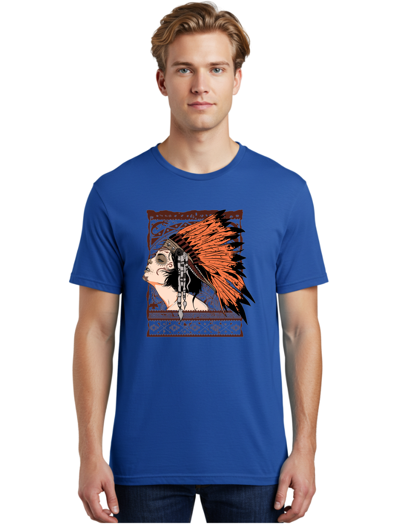 Wild Grace Men'S Graphic Tee, 100% Cotton, Comfortable Casual Summer Wear, Machine Washable, Native American Headdress, Tribal Art, Traditional Clothing, Ornate Details, Vintage Style, Folk Art, Cultural Heritage, Symbolic Expression, Aae844 8