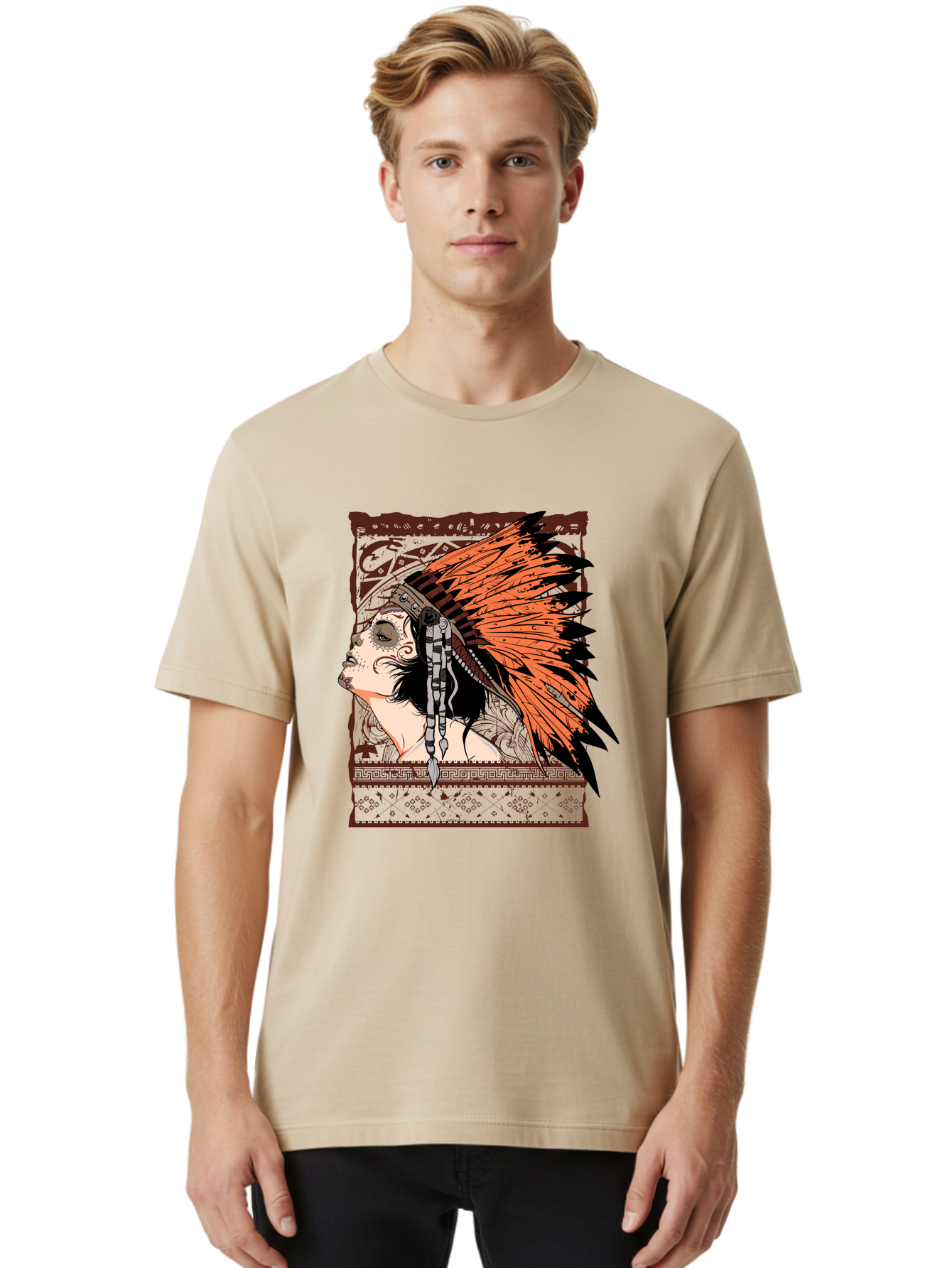 Wild Grace Men'S Graphic Tee, 100% Cotton, Comfortable Casual Summer Wear, Machine Washable, Native American Headdress, Tribal Art, Traditional Clothing, Ornate Details, Vintage Style, Folk Art, Cultural Heritage, Symbolic Expression, Aae844 16