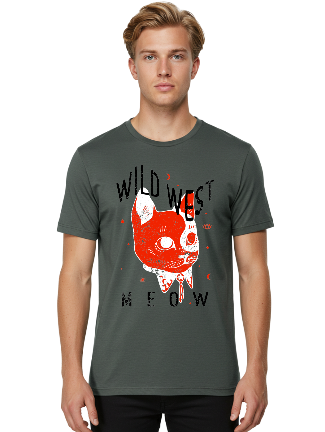 Wild West Cat Men'S Graphic Tee, 100% Cotton, Comfortable Casual Summer Wear, Machine Washable, Wild Cat, Whimsical Design, Western Theme, Playful Illustration, Feline Character, Abstract Art, Bold Typography, Creative Graphics, Quirky Style, Aae847 18