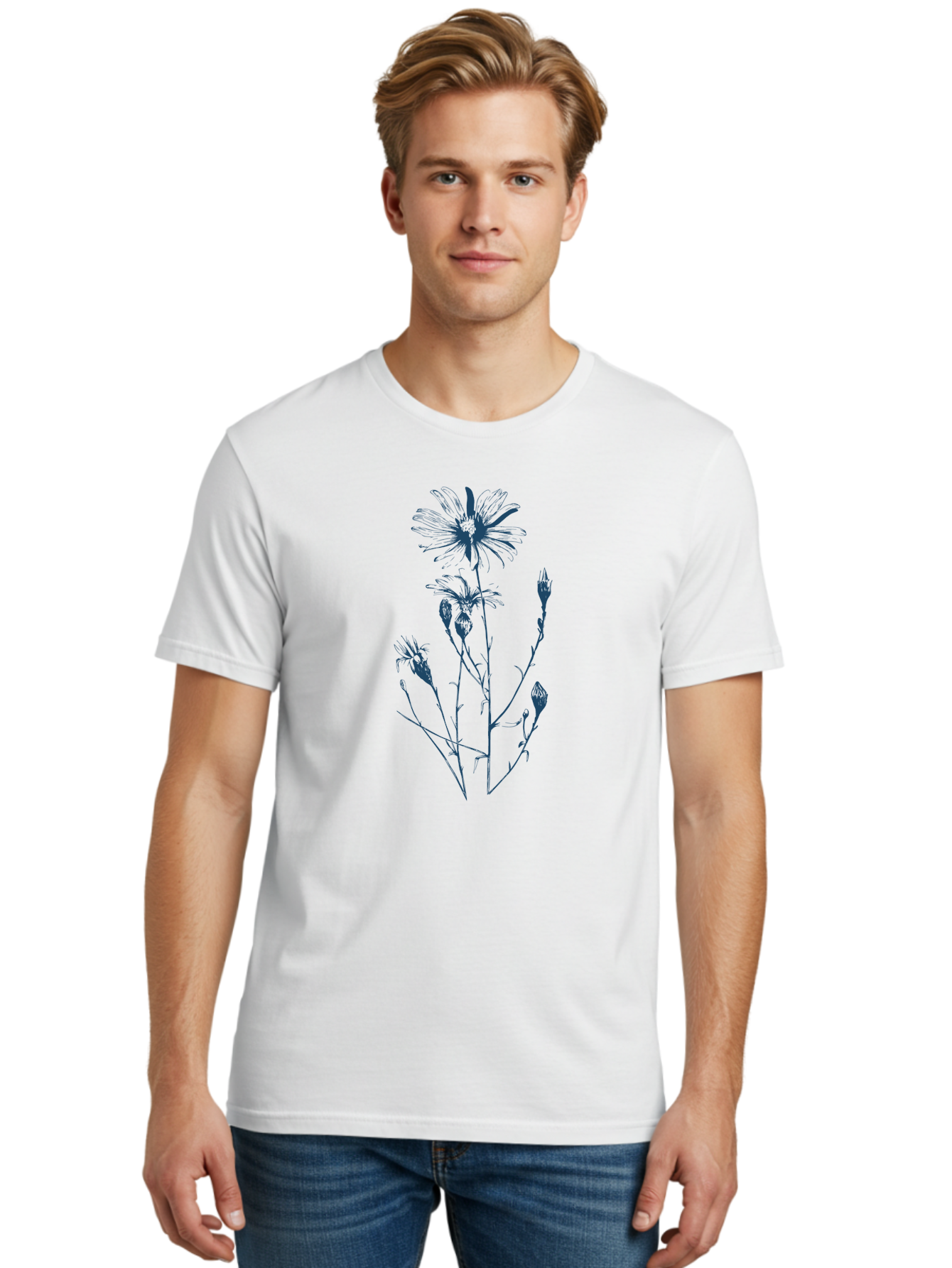 Wild-Flower Men'S Graphic Tee, 100% Cotton, Comfortable Casual Summer Wear, Machine Washable, Hand-Drawn Flower, Minimalist Design, Blue Flower, Simple Art, Botanical Illustration, Natural Elements, Flower Sketch Aae848 14