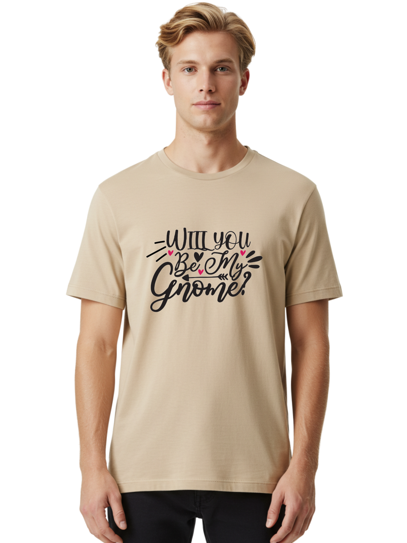 Will You Be My Gnome Men'S Graphic Tee, 100% Cotton, Comfortable Casual Summer Wear, Machine Washable, Romantic Quote, Gnome Love, Valentine'S Day, Cute Phrase, Sweet Message, Handmade Feel, Whimsical Typography, Playful Hearts, Aae851 18