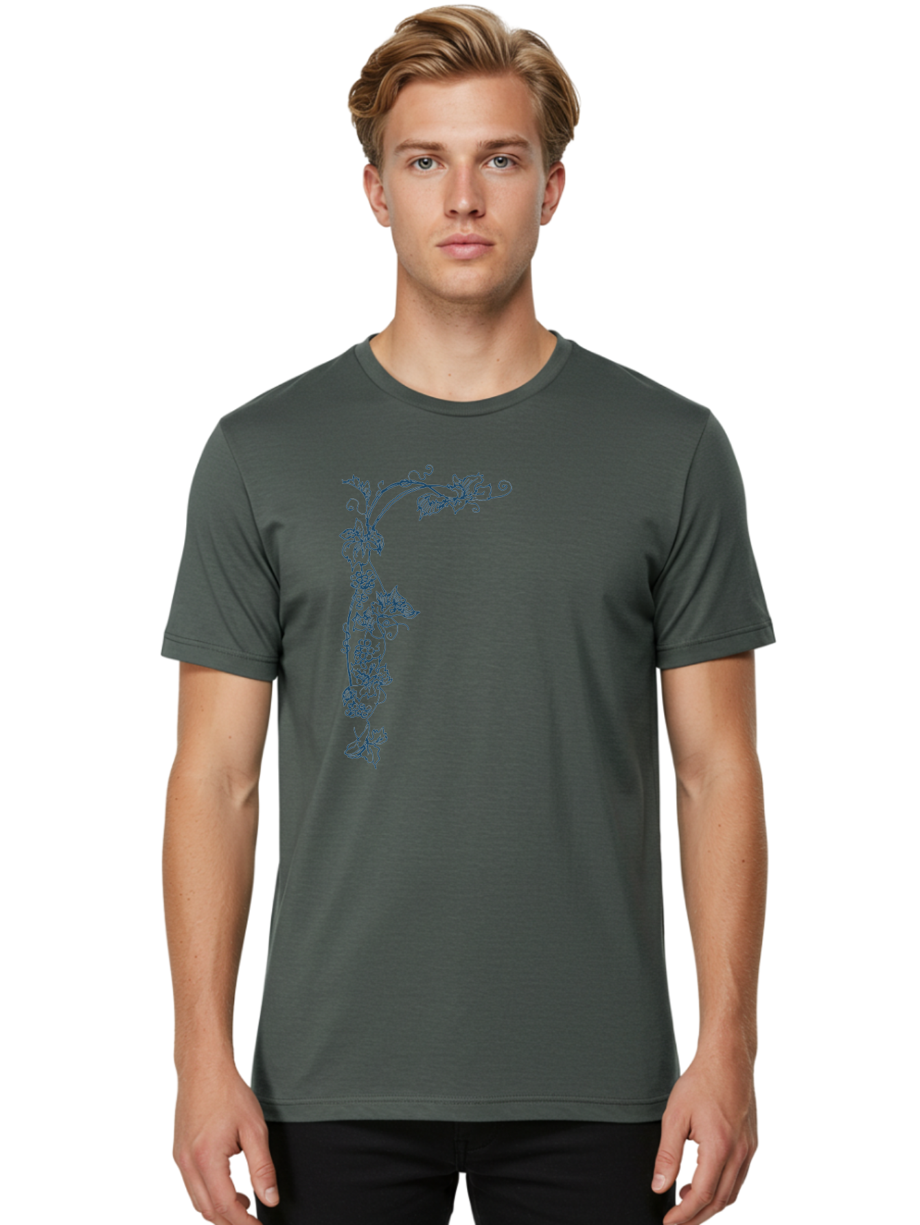 Wine Flower Men'S Graphic Tee, 100% Cotton, Comfortable Casual Summer Wear, Machine Washable, Grapevine Illustration, Vintage Floral Design, Elegant Vine Pattern, Leaves And Grapes, Classic Artwork, Ornate Details, Decorative Element, Aae853 22