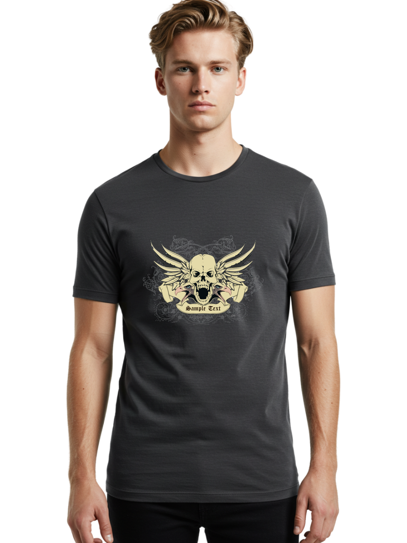 Wings Of Vengeance Skull Men'S Graphic Tee, 100% Cotton, Comfortable Casual Summer Wear, Machine Washable, Skull With Wings, Tattoo Art, Gothic Design, Skull Illustration, Winged Skull, Sample Text, Bold Graphics, Edgy Style, Aae855 30