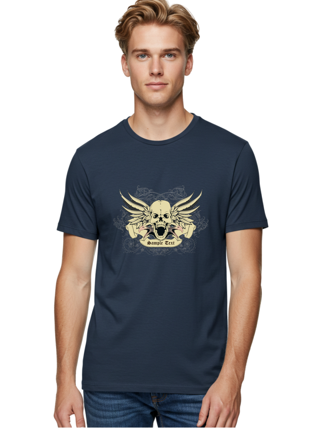 Wings Of Vengeance Skull Men'S Graphic Tee, 100% Cotton, Comfortable Casual Summer Wear, Machine Washable, Skull With Wings, Tattoo Art, Gothic Design, Skull Illustration, Winged Skull, Sample Text, Bold Graphics, Edgy Style, Aae855 18