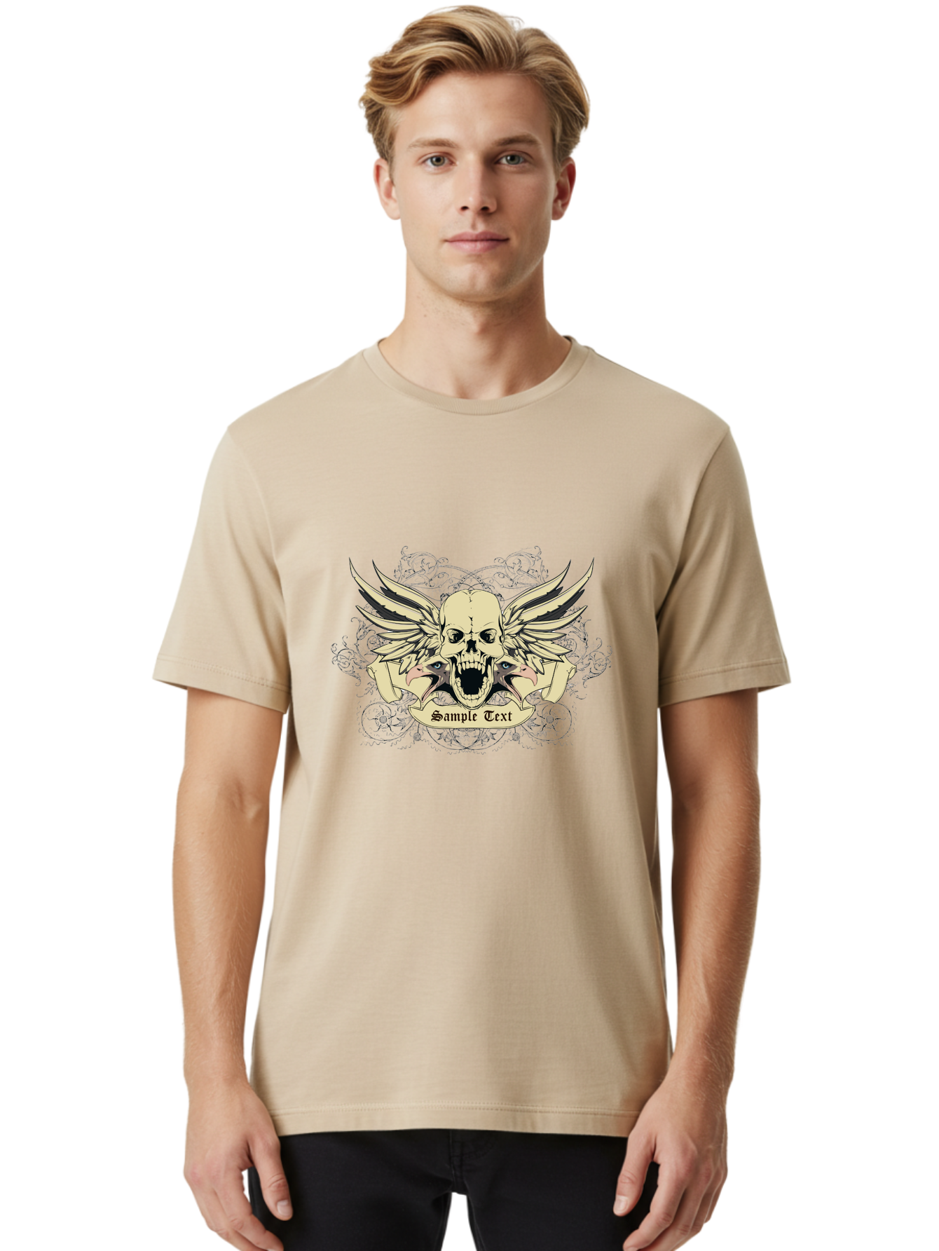 Wings Of Vengeance Skull Men'S Graphic Tee, 100% Cotton, Comfortable Casual Summer Wear, Machine Washable, Skull With Wings, Tattoo Art, Gothic Design, Skull Illustration, Winged Skull, Sample Text, Bold Graphics, Edgy Style, Aae855 10