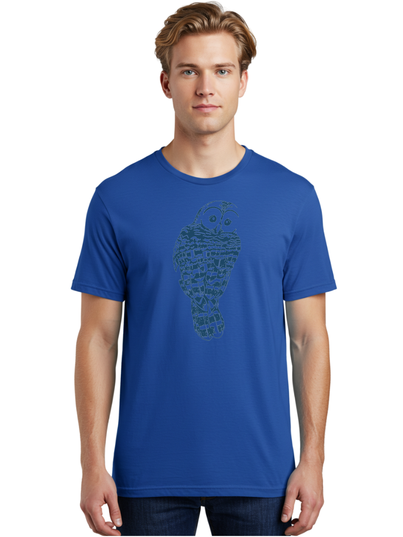 Wise Woodland Owl Men'S Graphic Tee, 100% Cotton, Comfortable Casual Summer Wear, Machine Washable, Owl Illustration, Nocturnal Bird, Wise Animal, Big Eyes, Feathers Texture, Abstract Art, Blue And Green Tones, Symbolic Creature, Aae856 6