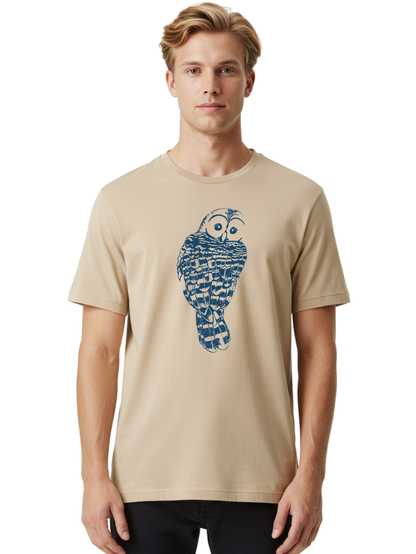 Wise Woodland Owl Men'S Graphic Tee, 100% Cotton, Comfortable Casual Summer Wear, Machine Washable, Owl Illustration, Nocturnal Bird, Wise Animal, Big Eyes, Feathers Texture, Abstract Art, Blue And Green Tones, Symbolic Creature, Aae856 10