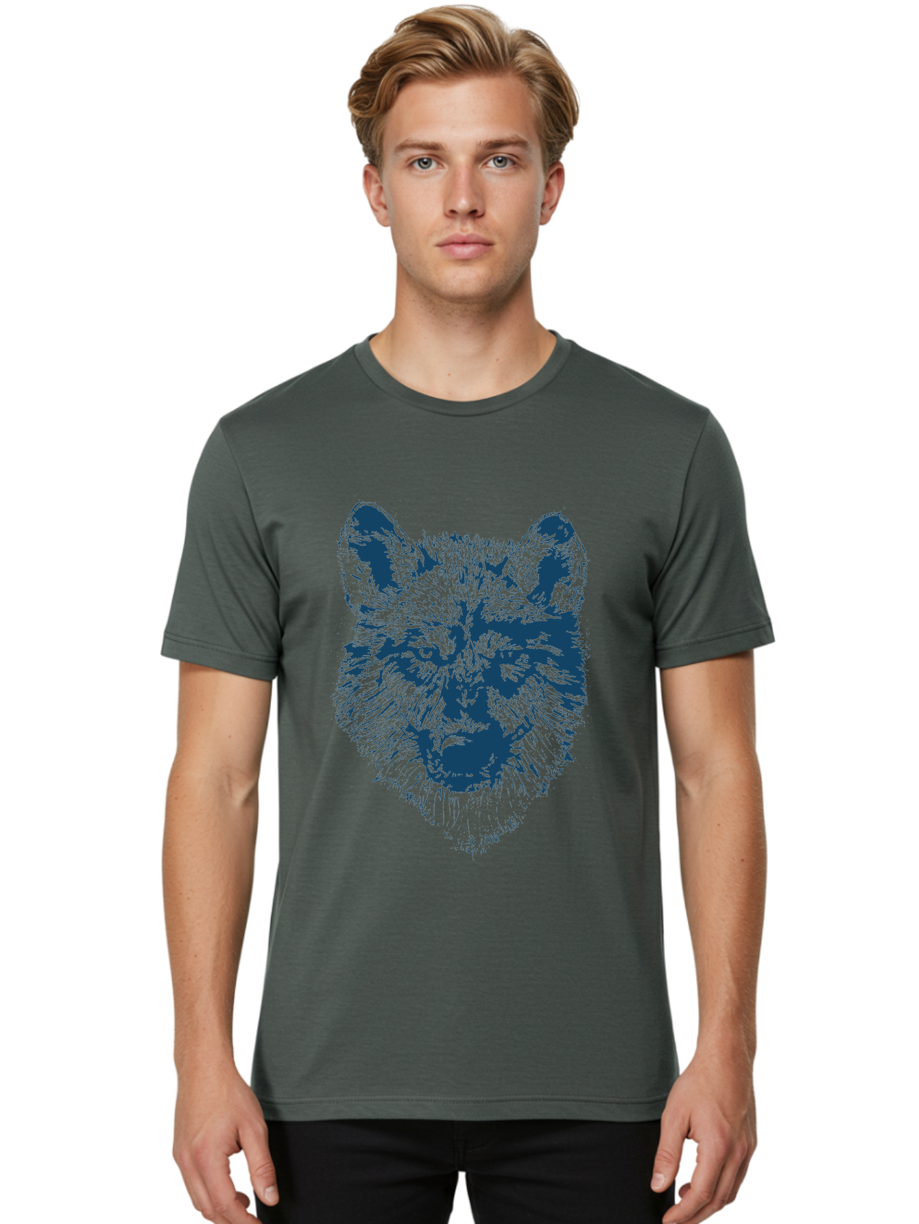 Wolf-Head Men'S Graphic Tee, 100% Cotton, Comfortable Casual Summer Wear, Machine Washable, Wolf Head Illustration, Wildlife Art, Wild Animal Portrait, Sketch Style, Detailed Fur Texture, Intense Gaze, Blue And Green Tones, Graphic Design, Aae860 26