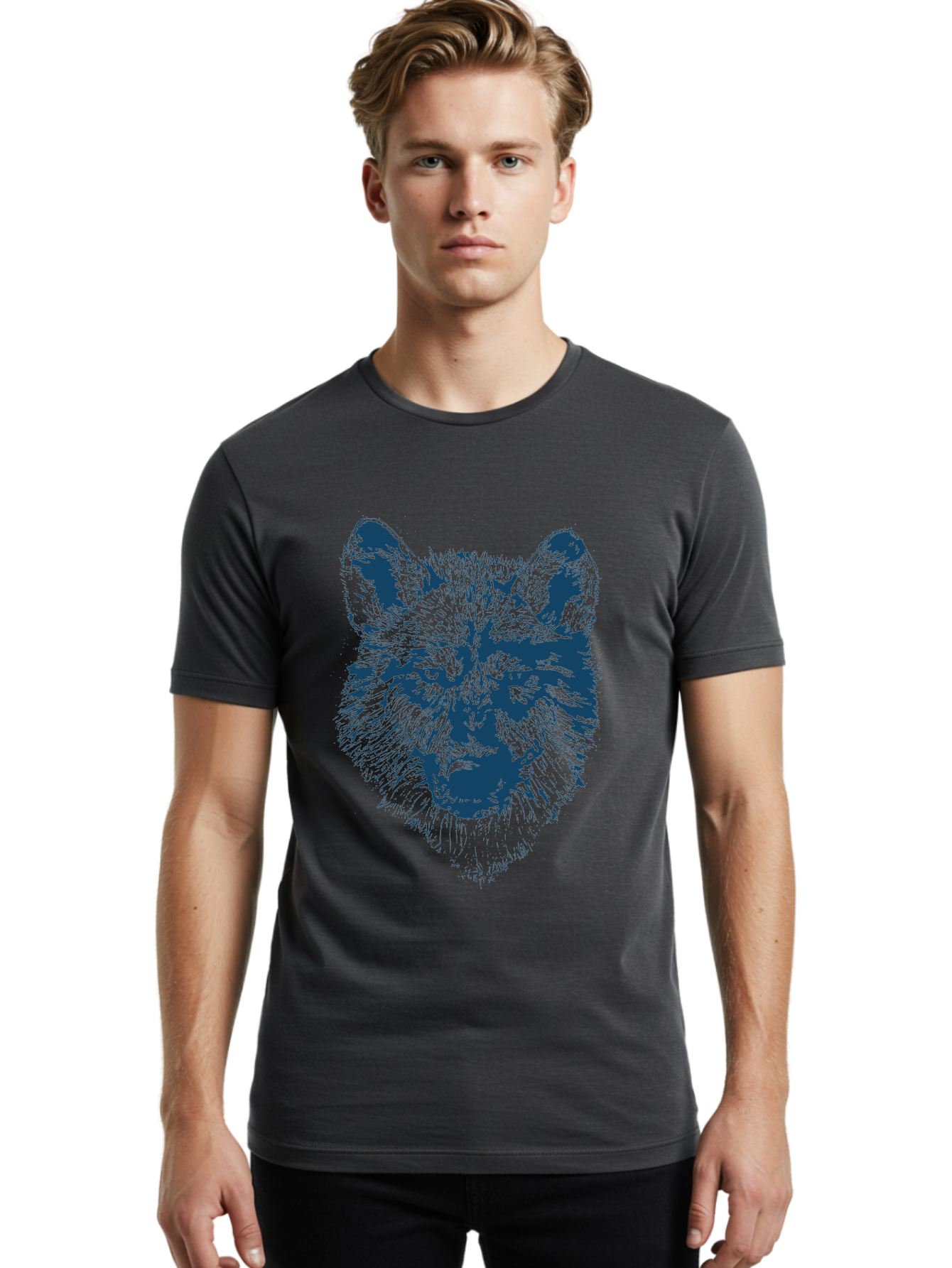 Wolf-Head Men'S Graphic Tee, 100% Cotton, Comfortable Casual Summer Wear, Machine Washable, Wolf Head Illustration, Wildlife Art, Wild Animal Portrait, Sketch Style, Detailed Fur Texture, Intense Gaze, Blue And Green Tones, Graphic Design, Aae860 4