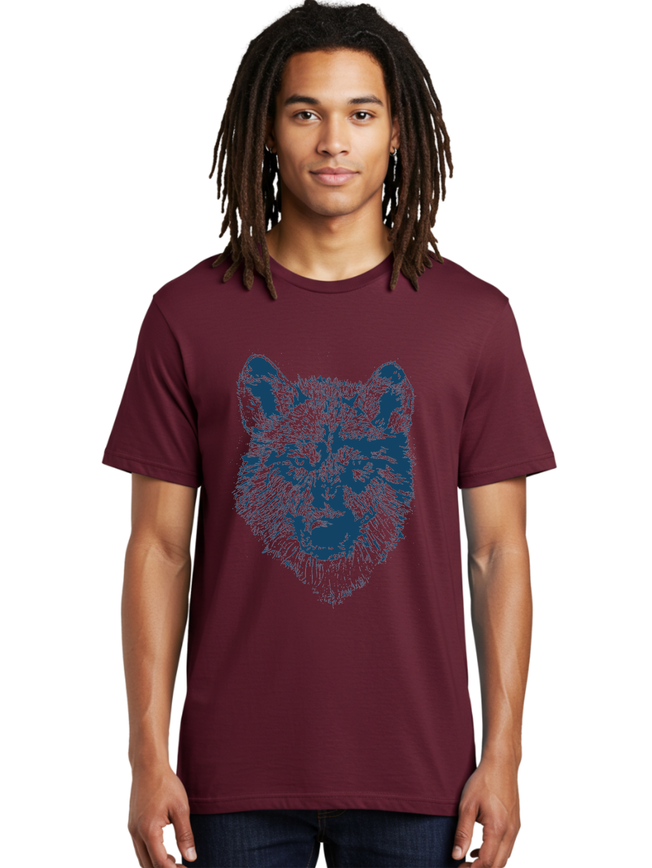Wolf-Head Men'S Graphic Tee, 100% Cotton, Comfortable Casual Summer Wear, Machine Washable, Wolf Head Illustration, Wildlife Art, Wild Animal Portrait, Sketch Style, Detailed Fur Texture, Intense Gaze, Blue And Green Tones, Graphic Design, Aae860 30