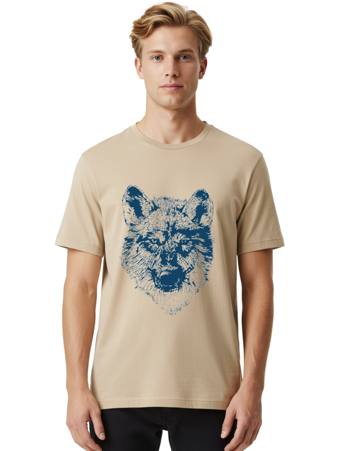Wolf-Head Men'S Graphic Tee, 100% Cotton, Comfortable Casual Summer Wear, Machine Washable, Wolf Head Illustration, Wildlife Art, Wild Animal Portrait, Sketch Style, Detailed Fur Texture, Intense Gaze, Blue And Green Tones, Graphic Design, Aae860 10