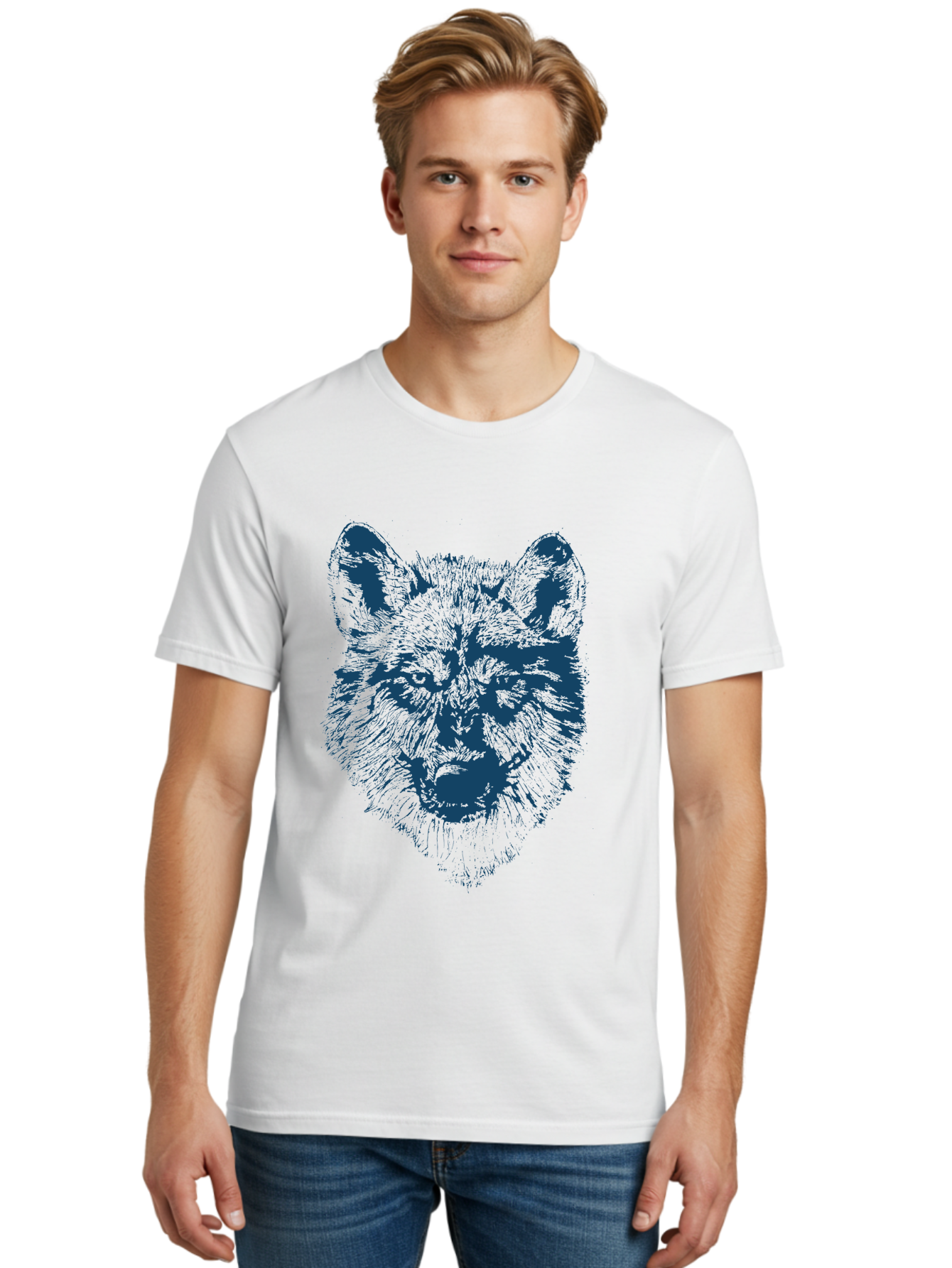 Wolf-Head Men'S Graphic Tee, 100% Cotton, Comfortable Casual Summer Wear, Machine Washable, Wolf Head Illustration, Wildlife Art, Wild Animal Portrait, Sketch Style, Detailed Fur Texture, Intense Gaze, Blue And Green Tones, Graphic Design, Aae860 6