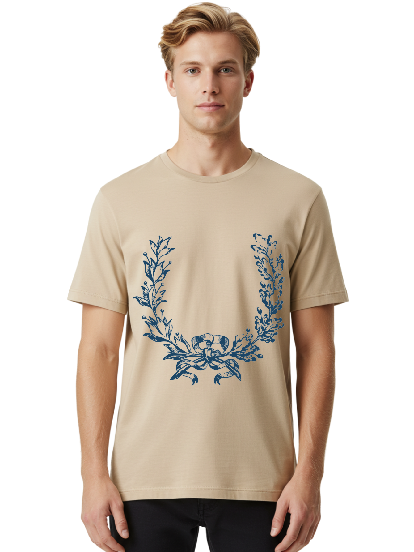 Wreath-Flower Men'S Graphic Tee, 100% Cotton, Comfortable Casual Summer Wear, Machine Washable, Laurel Wreath, Purple Leaves, Decorative Border, Elegant Design, Symbolic Motif, Leaves Tied With Ribbon, Classic Illustration, Award Symbol Aae869 4