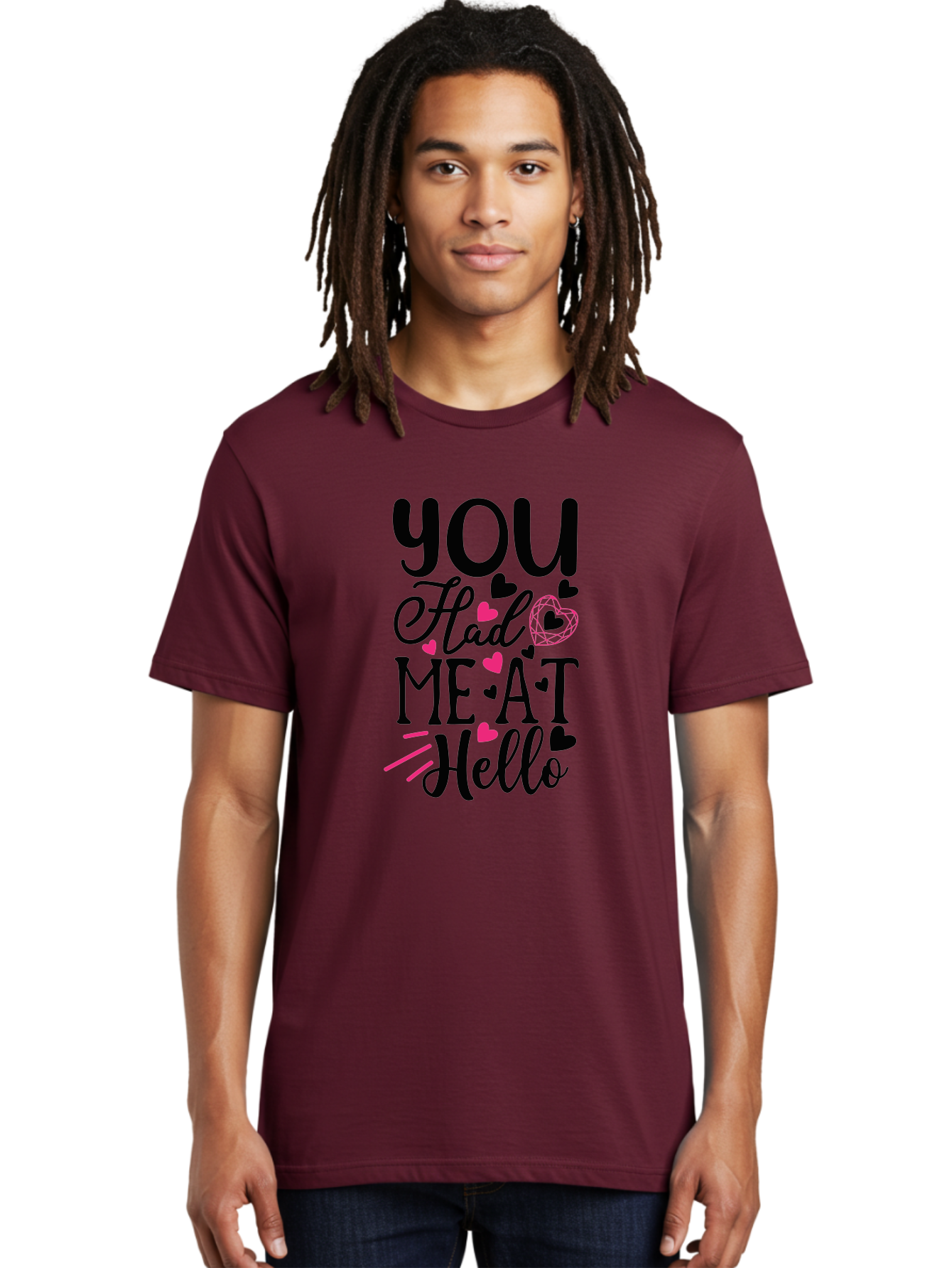 You Had Me At Hello Men'S Graphic Tee, 100% Cotton, Comfortable Casual Summer Wear, Machine Washable, Love Quote, Romantic Phrase, Hearts Design, Cursive Text, Pink Hearts, Black Font, Hello Message, Valentine'S Day Gift, Cute Typography, Aae875 2