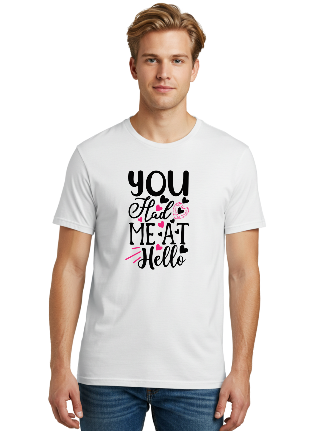You Had Me At Hello Men'S Graphic Tee, 100% Cotton, Comfortable Casual Summer Wear, Machine Washable, Love Quote, Romantic Phrase, Hearts Design, Cursive Text, Pink Hearts, Black Font, Hello Message, Valentine'S Day Gift, Cute Typography, Aae875 12