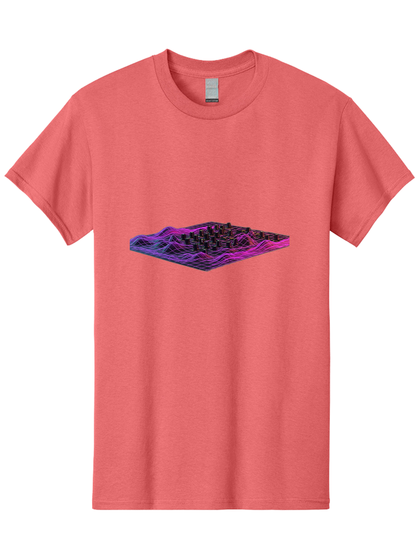 3D-Cityscape-Grid Men'S Graphic Tee, 100% Cotton, Comfortable Casual Summer Wear, Machine Washable, 3D Grid Landscape, Neon Purple And Pink, Futuristic Terrain, Wavy Lines, Grid Pattern, Abstract Geometry, Digital Artwork, Vibrant Colors, Baa000 9