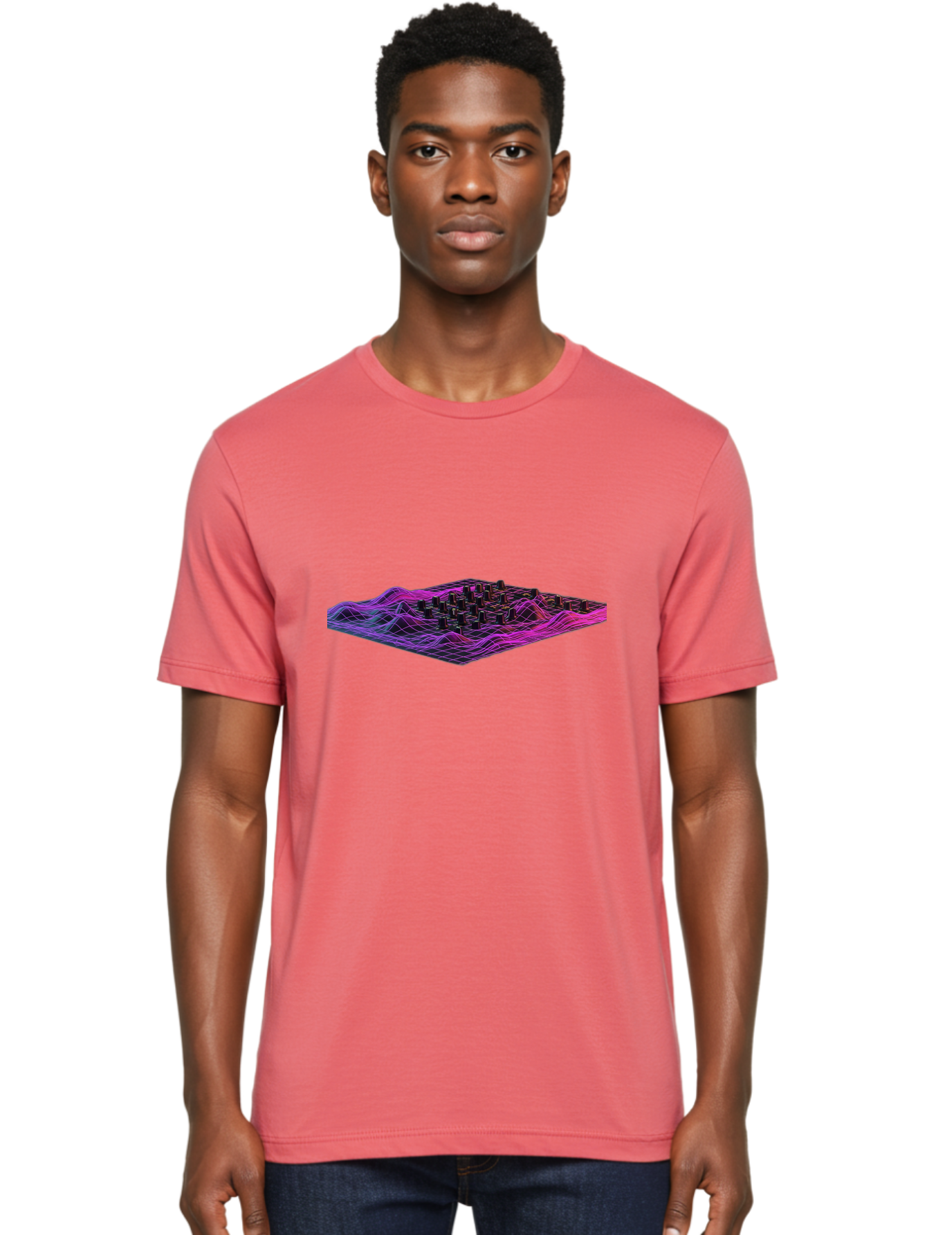 3D-Cityscape-Grid Men'S Graphic Tee, 100% Cotton, Comfortable Casual Summer Wear, Machine Washable, 3D Grid Landscape, Neon Purple And Pink, Futuristic Terrain, Wavy Lines, Grid Pattern, Abstract Geometry, Digital Artwork, Vibrant Colors, Baa000 10
