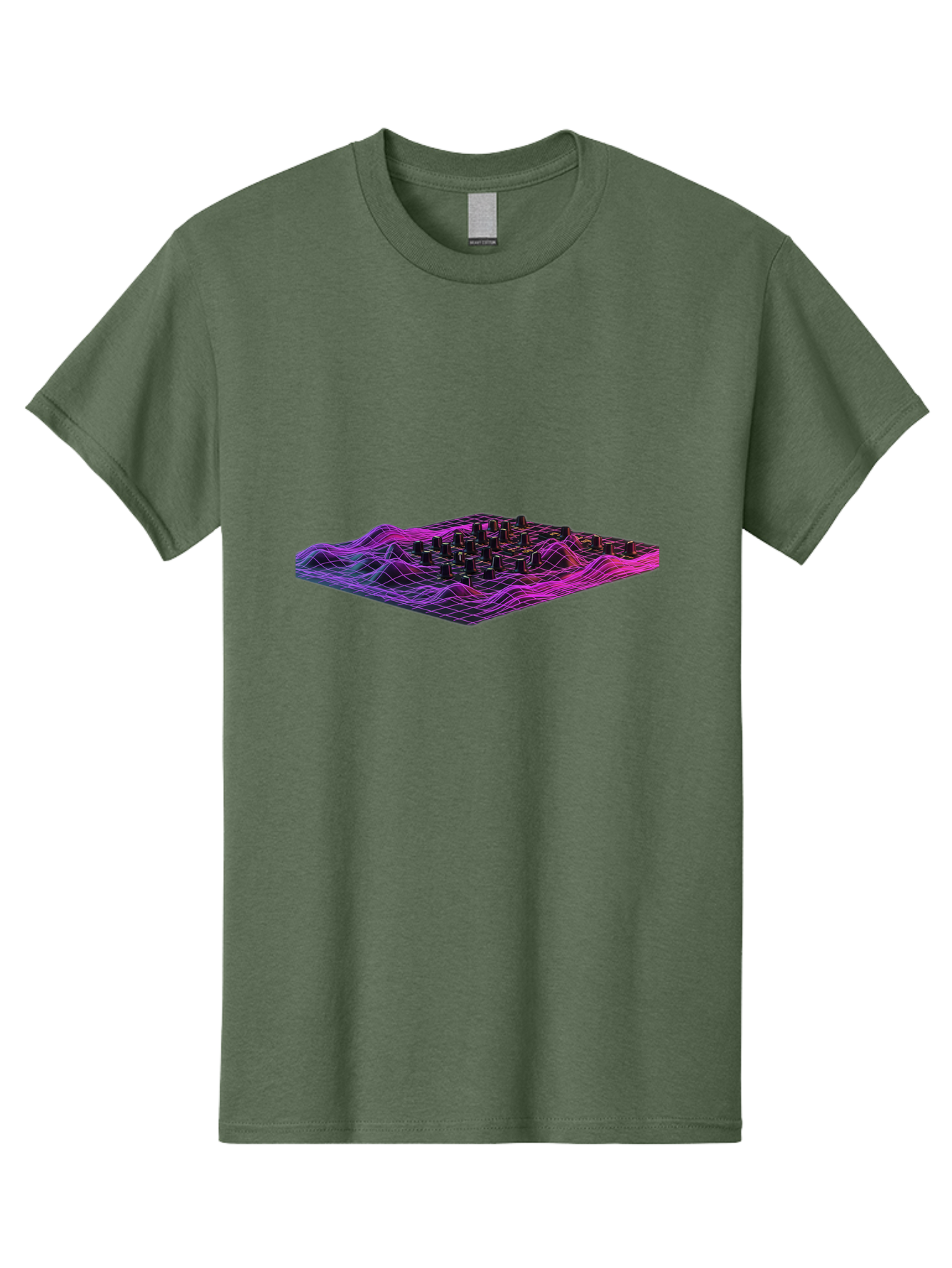 3D-Cityscape-Grid Men'S Graphic Tee, 100% Cotton, Comfortable Casual Summer Wear, Machine Washable, 3D Grid Landscape, Neon Purple And Pink, Futuristic Terrain, Wavy Lines, Grid Pattern, Abstract Geometry, Digital Artwork, Vibrant Colors, Baa000 7