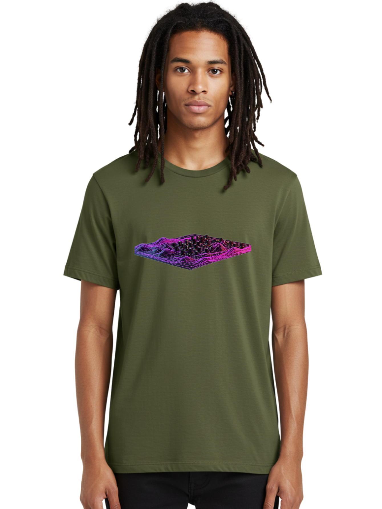 3D-Cityscape-Grid Men'S Graphic Tee, 100% Cotton, Comfortable Casual Summer Wear, Machine Washable, 3D Grid Landscape, Neon Purple And Pink, Futuristic Terrain, Wavy Lines, Grid Pattern, Abstract Geometry, Digital Artwork, Vibrant Colors, Baa000 8