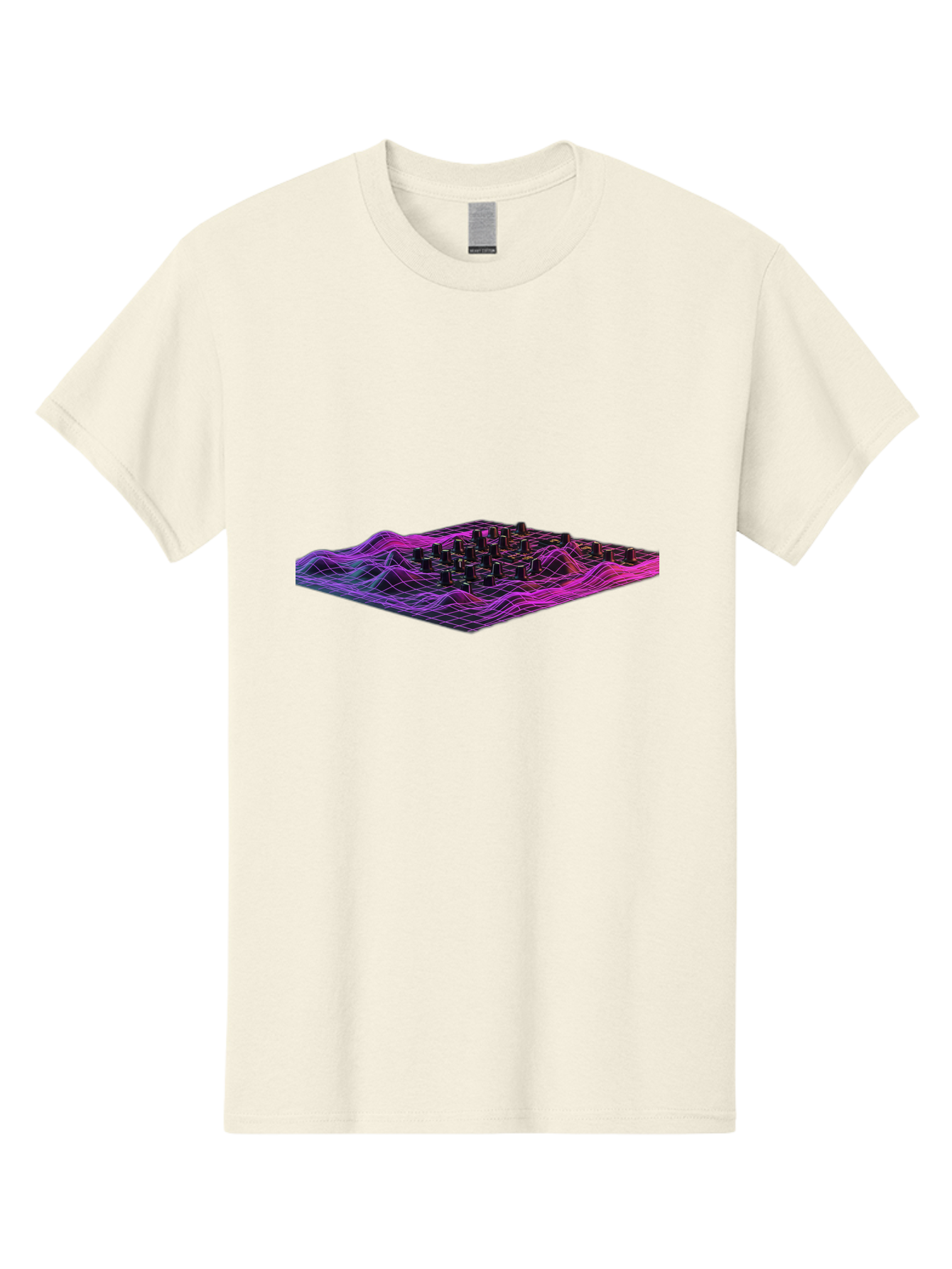 3D-Cityscape-Grid Men'S Graphic Tee, 100% Cotton, Comfortable Casual Summer Wear, Machine Washable, 3D Grid Landscape, Neon Purple And Pink, Futuristic Terrain, Wavy Lines, Grid Pattern, Abstract Geometry, Digital Artwork, Vibrant Colors, Baa000 13