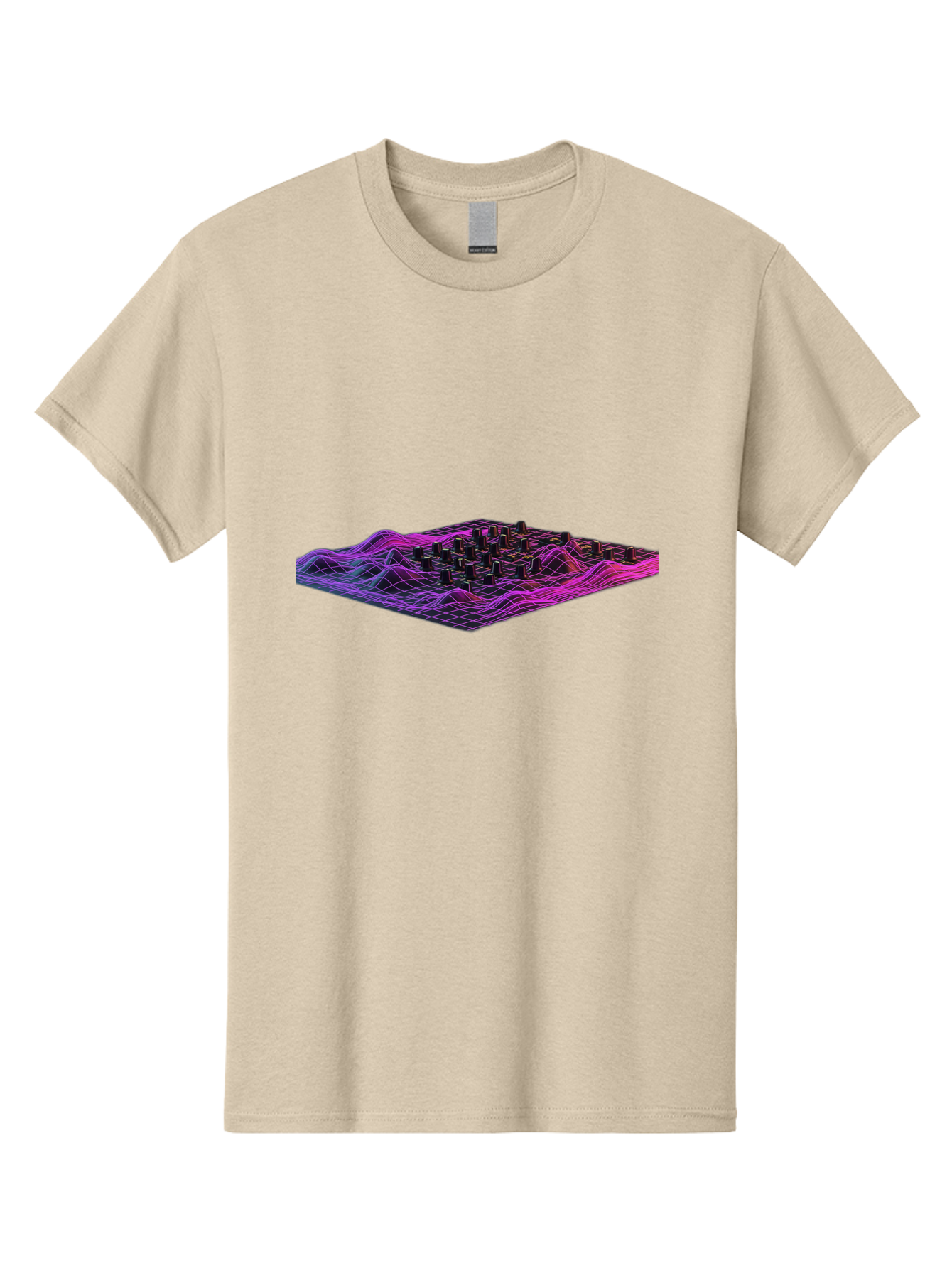 3D-Cityscape-Grid Men'S Graphic Tee, 100% Cotton, Comfortable Casual Summer Wear, Machine Washable, 3D Grid Landscape, Neon Purple And Pink, Futuristic Terrain, Wavy Lines, Grid Pattern, Abstract Geometry, Digital Artwork, Vibrant Colors, Baa000 25