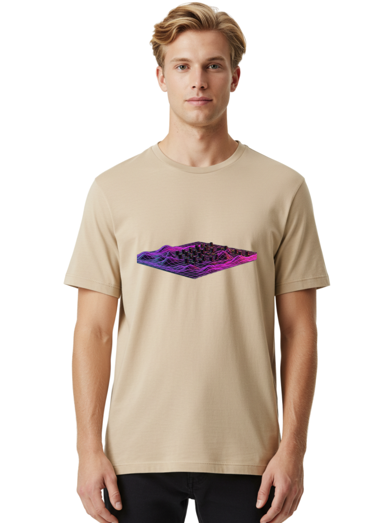 3D-Cityscape-Grid Men'S Graphic Tee, 100% Cotton, Comfortable Casual Summer Wear, Machine Washable, 3D Grid Landscape, Neon Purple And Pink, Futuristic Terrain, Wavy Lines, Grid Pattern, Abstract Geometry, Digital Artwork, Vibrant Colors, Baa000 26