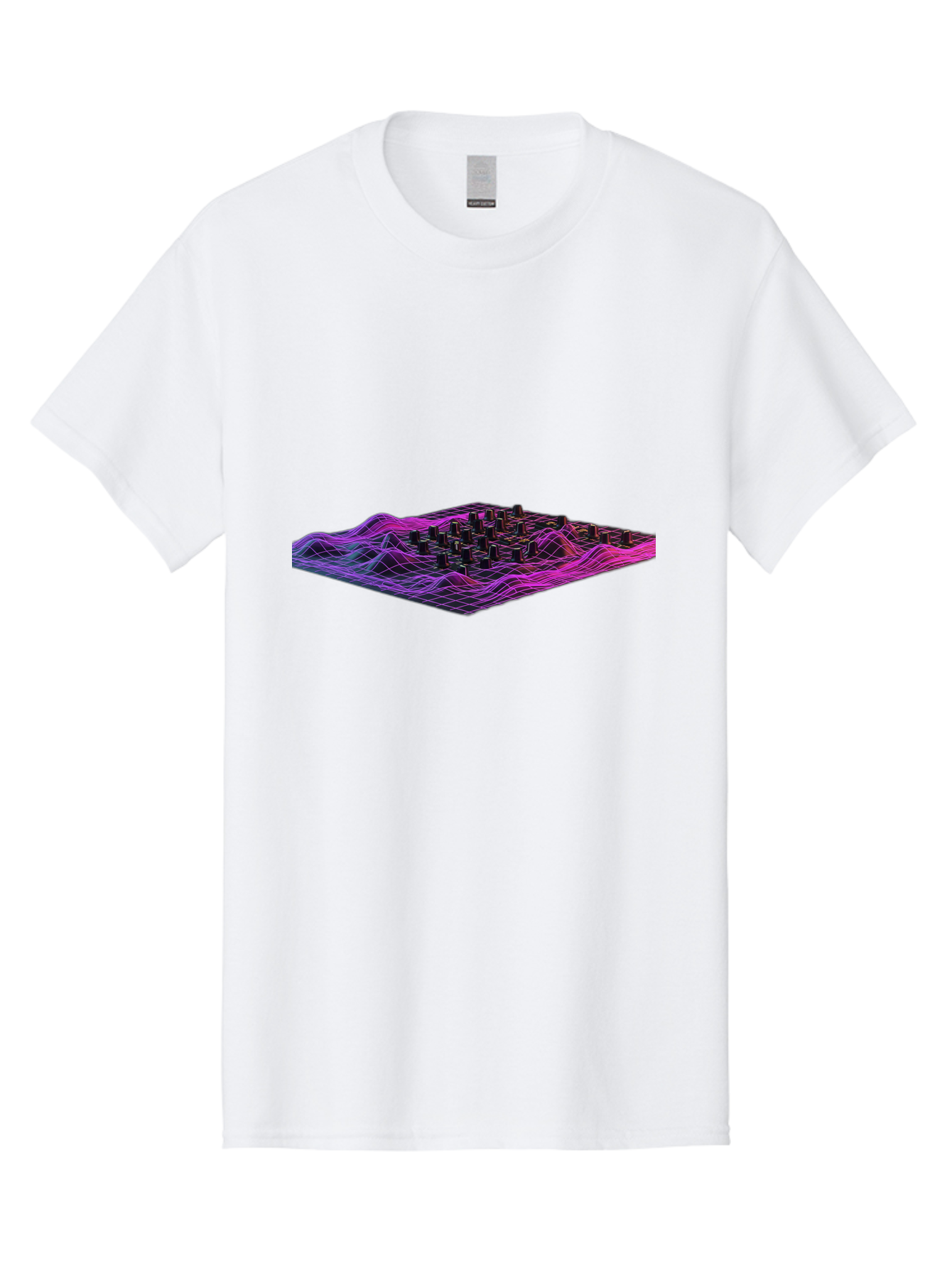 3D-Cityscape-Grid Men'S Graphic Tee, 100% Cotton, Comfortable Casual Summer Wear, Machine Washable, 3D Grid Landscape, Neon Purple And Pink, Futuristic Terrain, Wavy Lines, Grid Pattern, Abstract Geometry, Digital Artwork, Vibrant Colors, Baa000 11