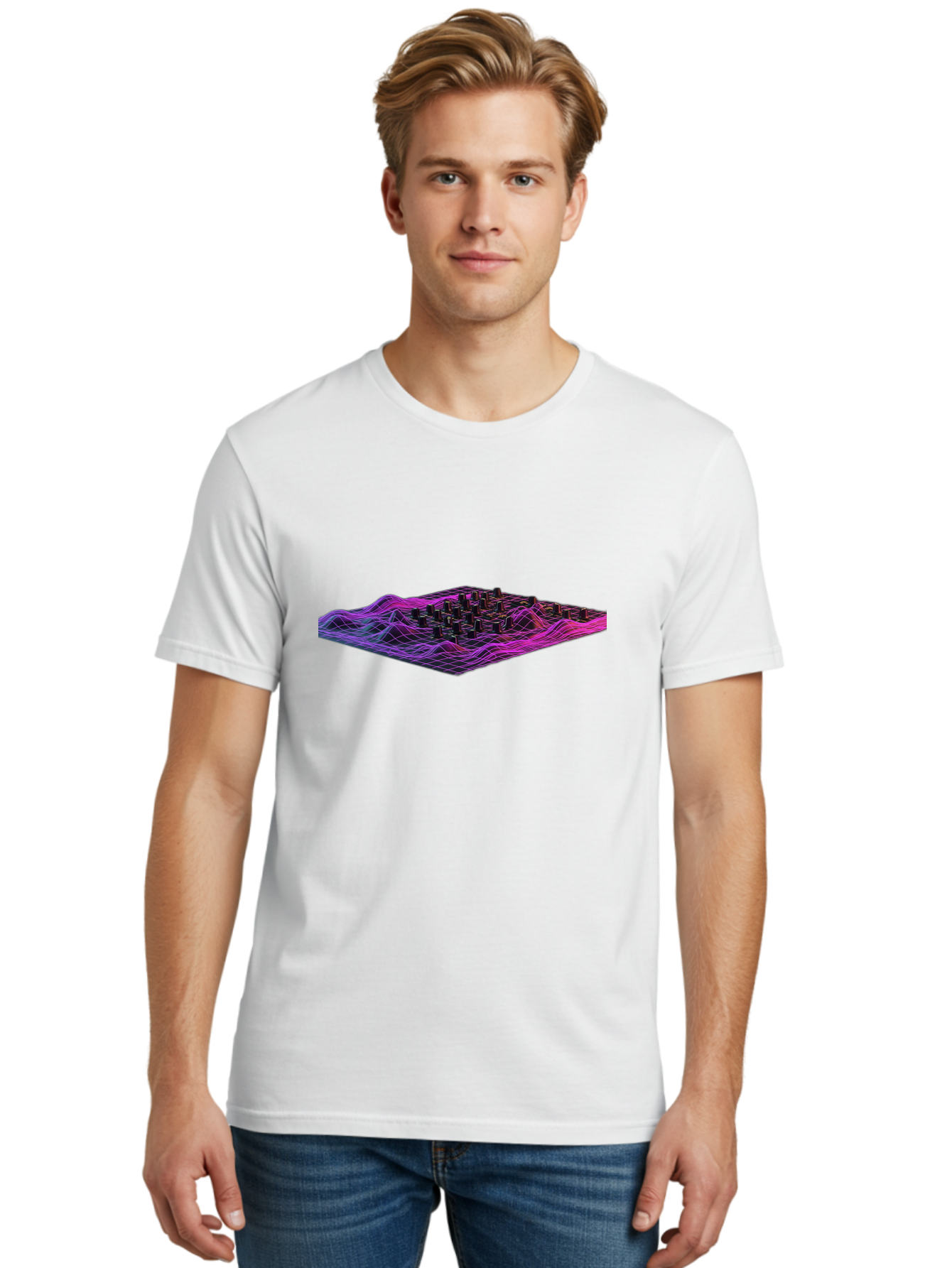 3D-Cityscape-Grid Men'S Graphic Tee, 100% Cotton, Comfortable Casual Summer Wear, Machine Washable, 3D Grid Landscape, Neon Purple And Pink, Futuristic Terrain, Wavy Lines, Grid Pattern, Abstract Geometry, Digital Artwork, Vibrant Colors, Baa000 12