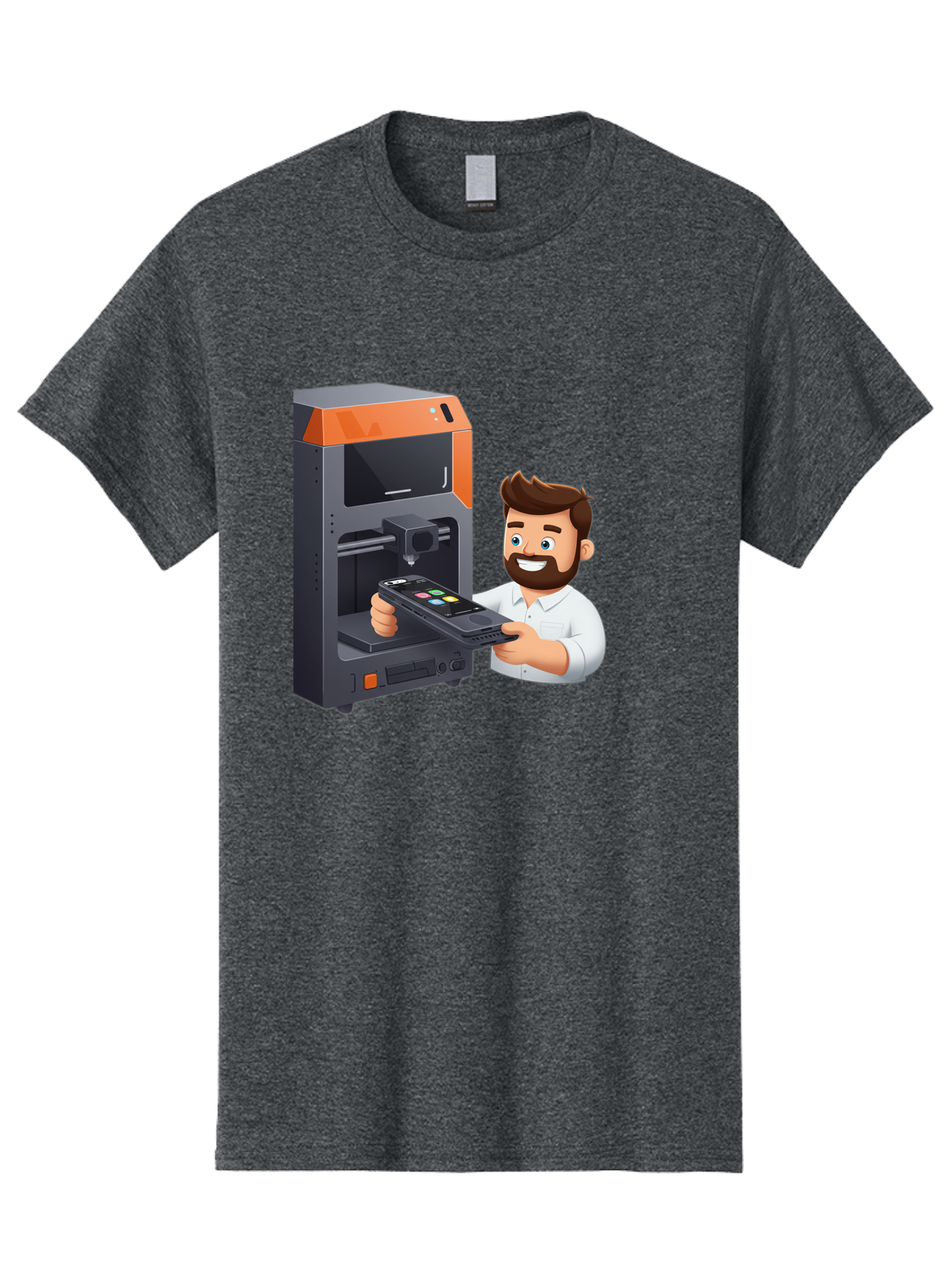 3D-Printer-18 Men'S Graphic Tee, 100% Cotton, Comfortable Casual Summer Wear, Machine Washable, Man Holding Phone, 3D Printing Technology, Phone Scanning, Digital Design, Modern Innovation, Futuristic Manufacturing, 3D Printer Machine Baa011 1
