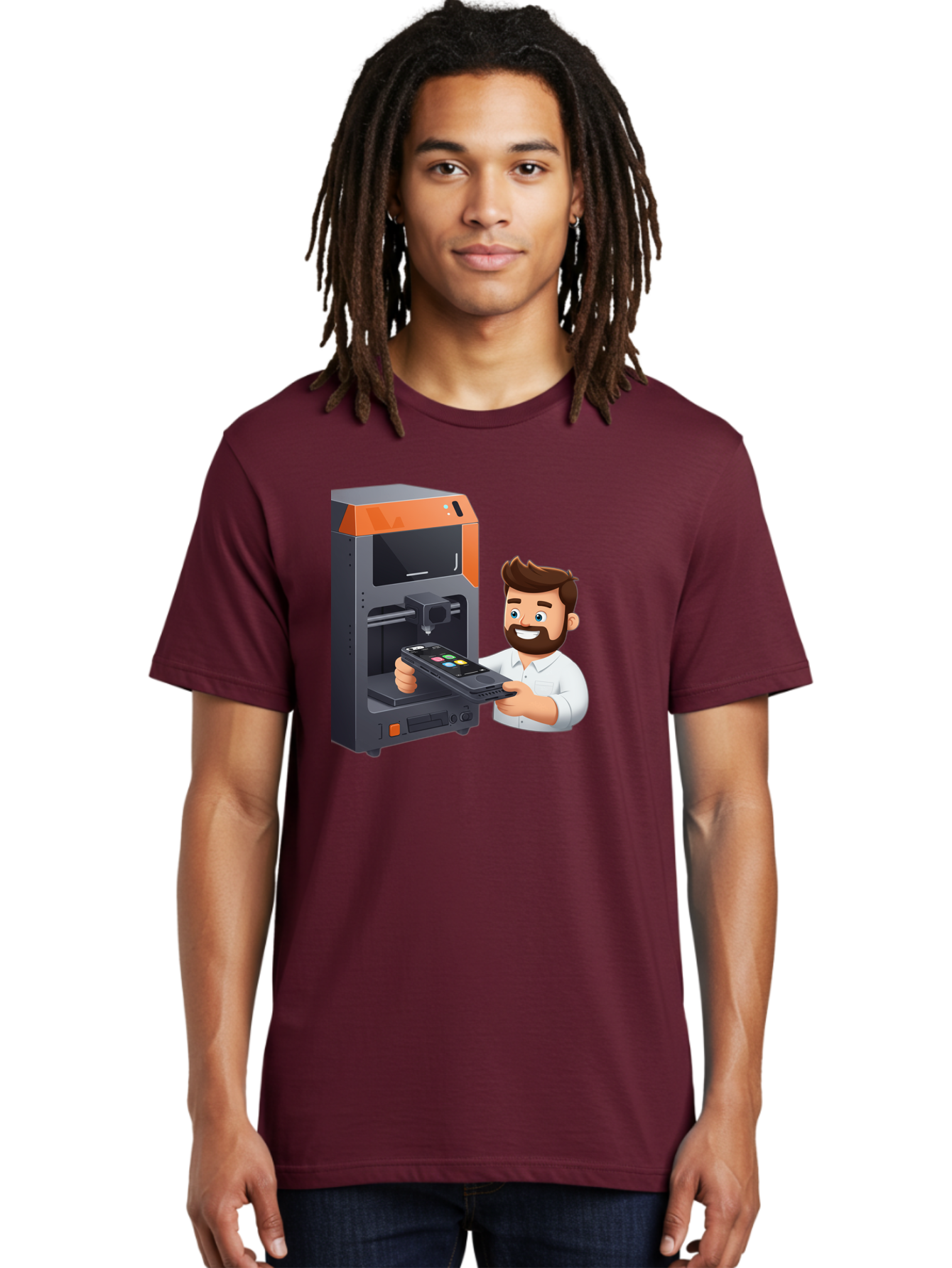 3D-Printer-18 Men'S Graphic Tee, 100% Cotton, Comfortable Casual Summer Wear, Machine Washable, Man Holding Phone, 3D Printing Technology, Phone Scanning, Digital Design, Modern Innovation, Futuristic Manufacturing, 3D Printer Machine Baa011 6