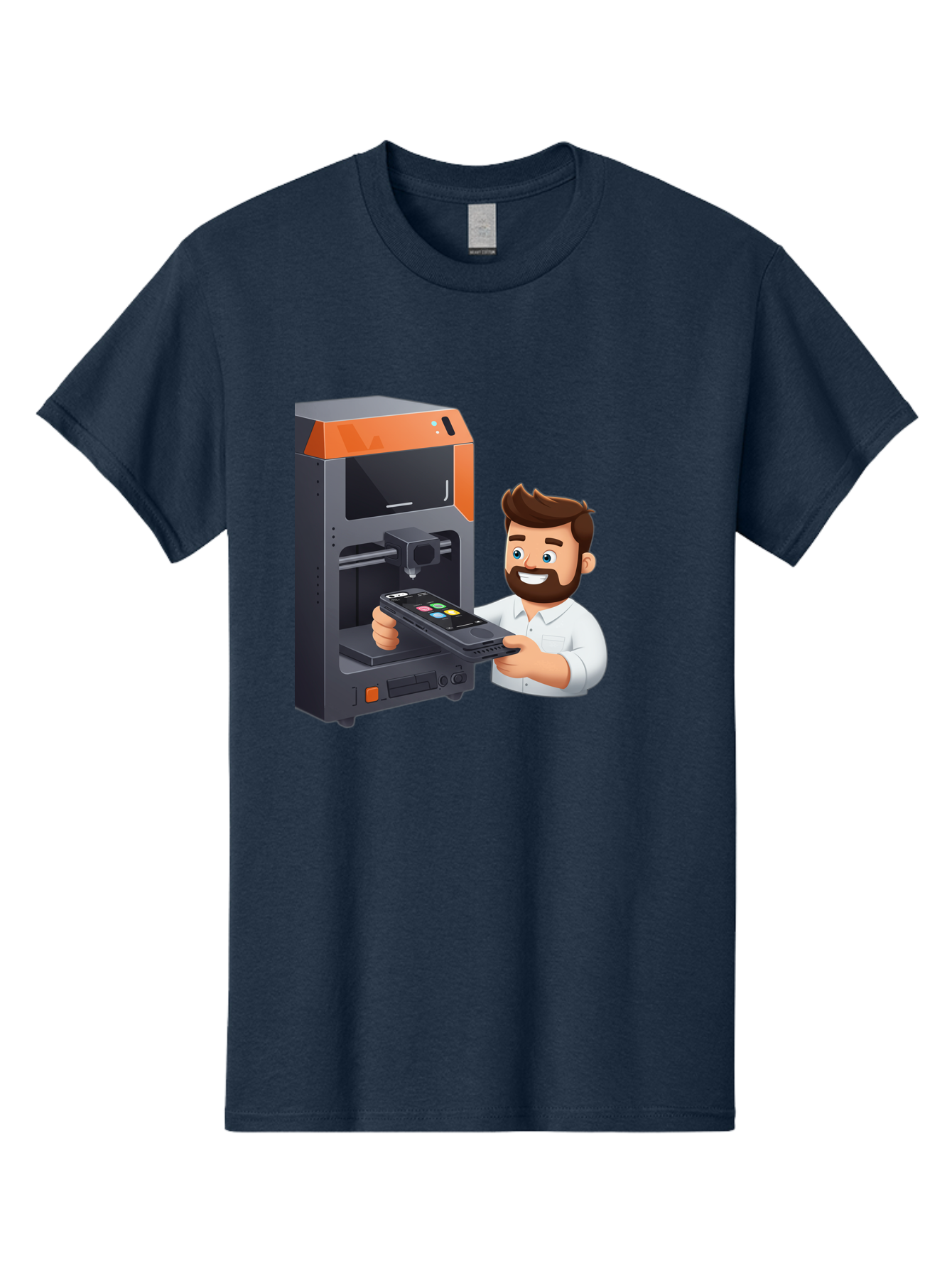 3D-Printer-18 Men'S Graphic Tee, 100% Cotton, Comfortable Casual Summer Wear, Machine Washable, Man Holding Phone, 3D Printing Technology, Phone Scanning, Digital Design, Modern Innovation, Futuristic Manufacturing, 3D Printer Machine Baa011 29