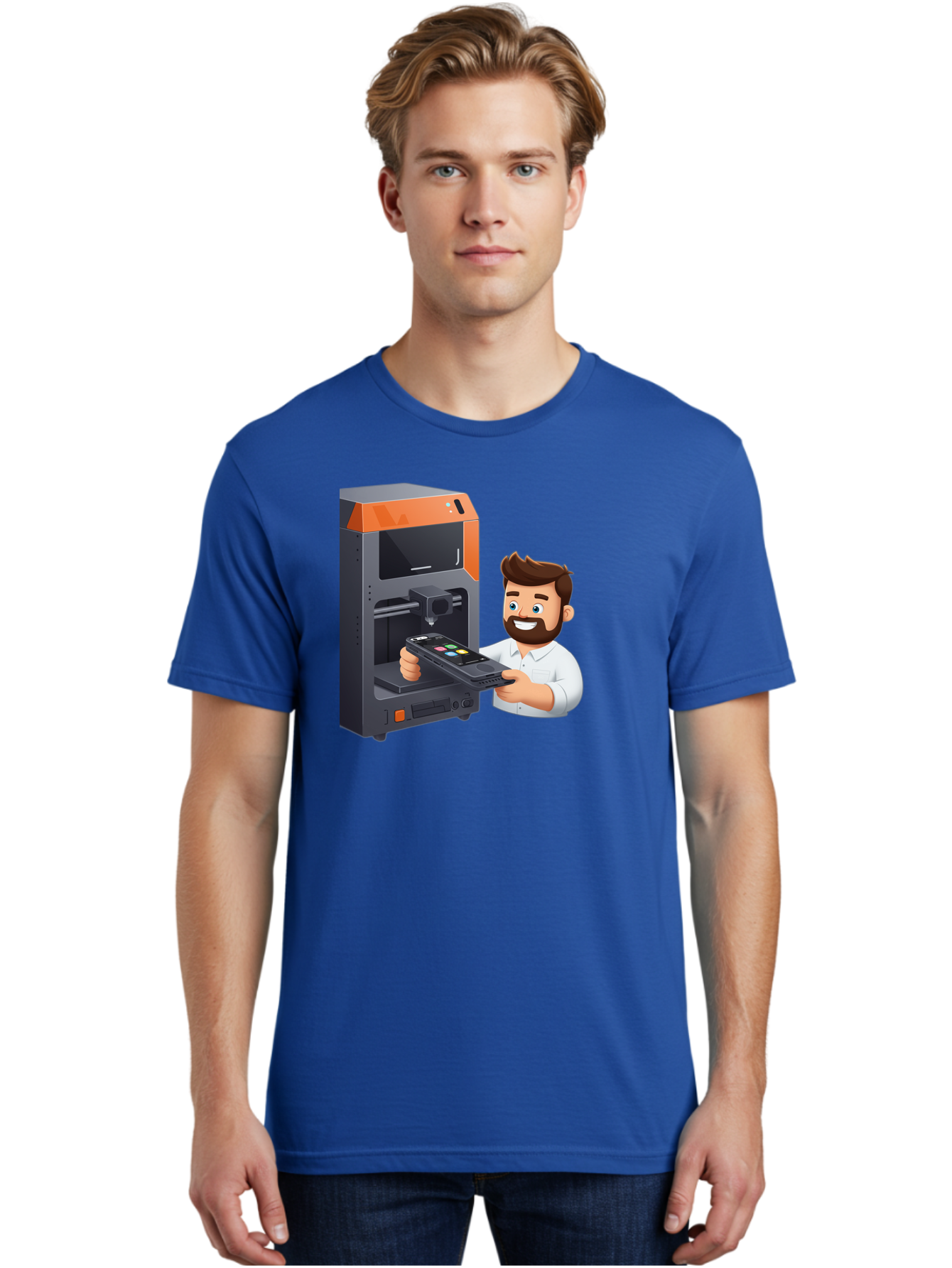 3D-Printer-18 Men'S Graphic Tee, 100% Cotton, Comfortable Casual Summer Wear, Machine Washable, Man Holding Phone, 3D Printing Technology, Phone Scanning, Digital Design, Modern Innovation, Futuristic Manufacturing, 3D Printer Machine Baa011 20