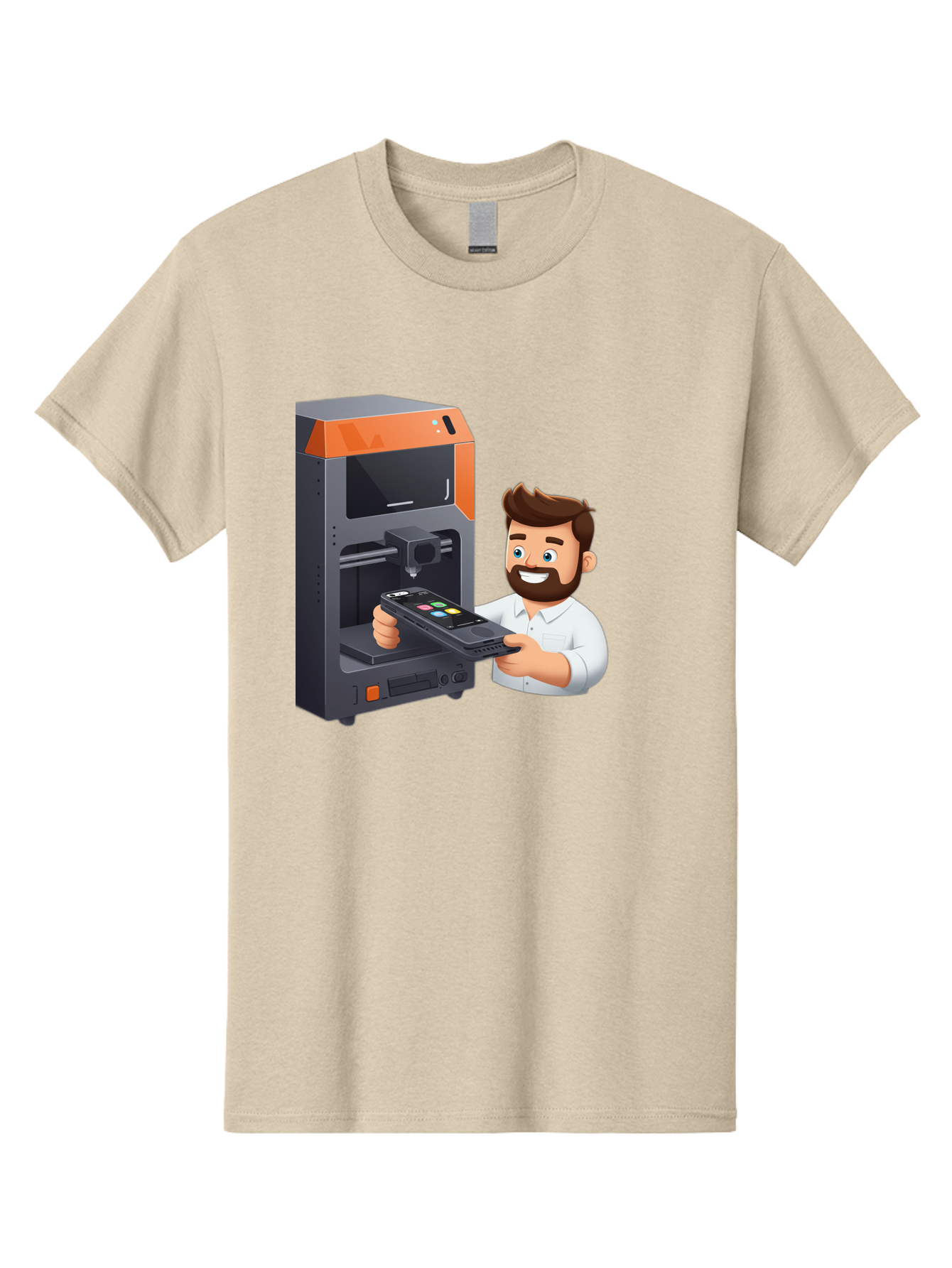 3D-Printer-18 Men'S Graphic Tee, 100% Cotton, Comfortable Casual Summer Wear, Machine Washable, Man Holding Phone, 3D Printing Technology, Phone Scanning, Digital Design, Modern Innovation, Futuristic Manufacturing, 3D Printer Machine Baa011 15