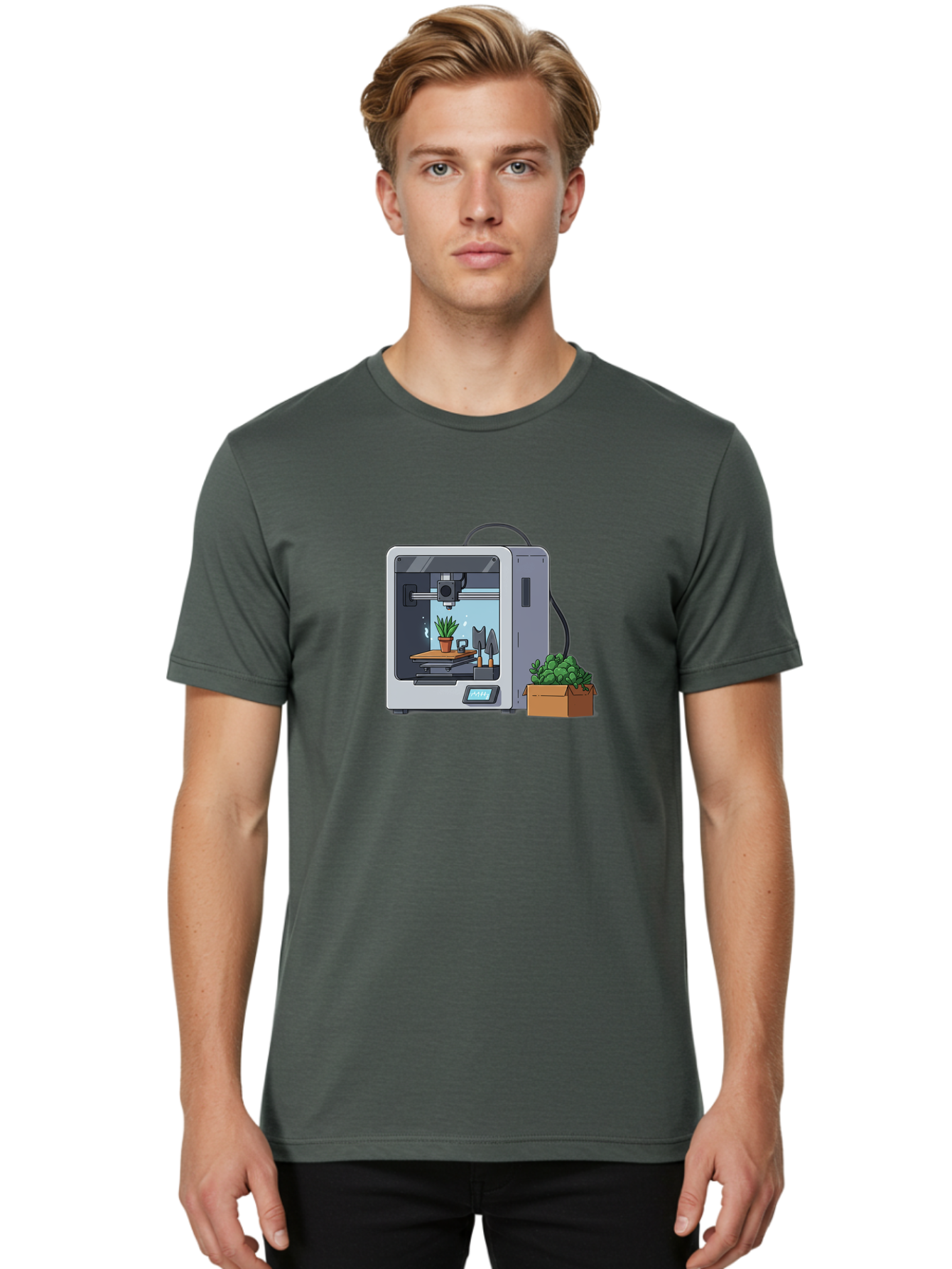 3D-Printer-23 Men'S Graphic Tee, 100% Cotton, Comfortable Casual Summer Wear, Machine Washable, 3D Printing Technology, Digital Fabrication, Futuristic Manufacturing, Potted Plant, Succulent Plants, Cardboard Box, Modern Machinery, Baa017 30