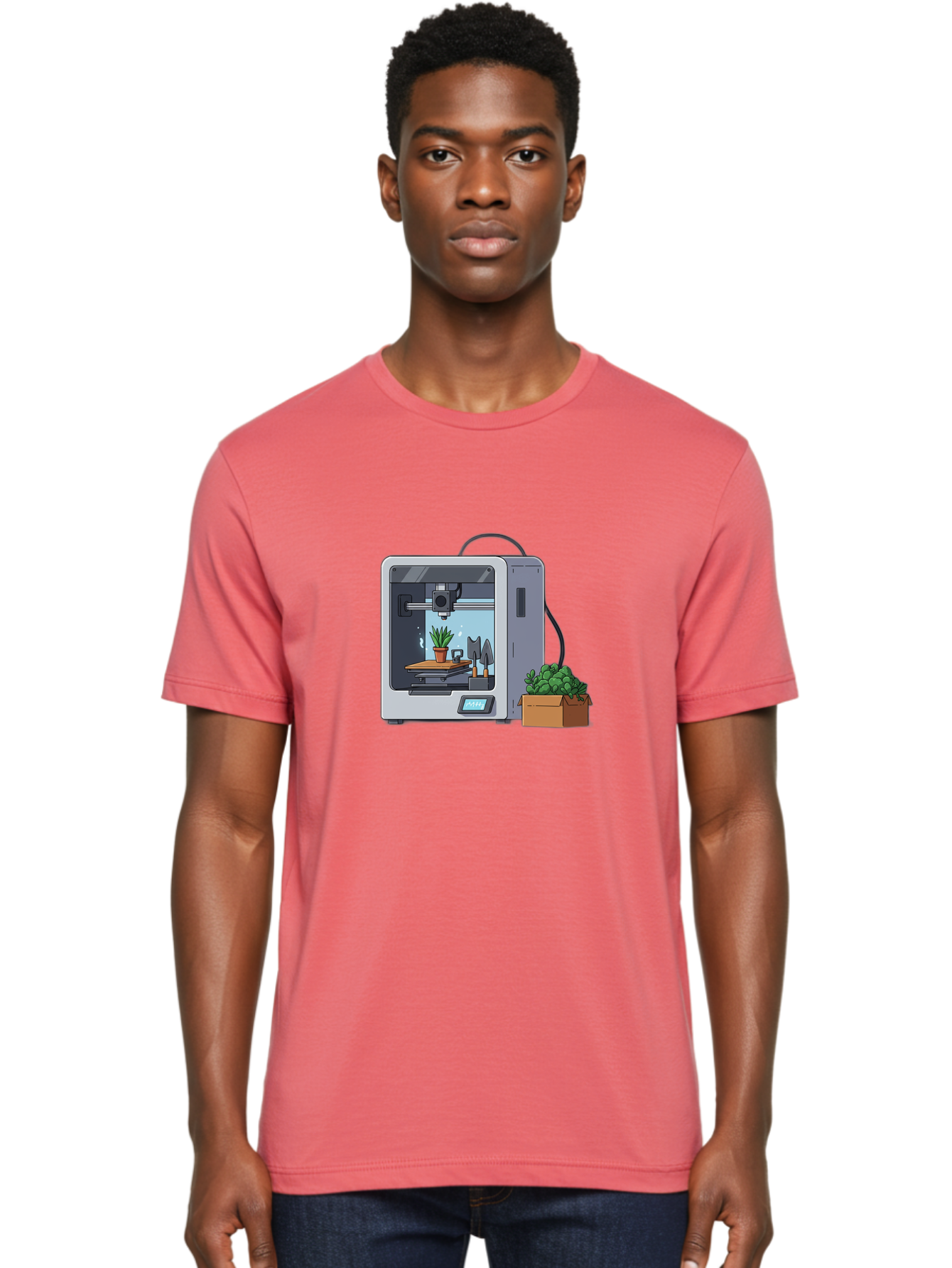 3D-Printer-23 Men'S Graphic Tee, 100% Cotton, Comfortable Casual Summer Wear, Machine Washable, 3D Printing Technology, Digital Fabrication, Futuristic Manufacturing, Potted Plant, Succulent Plants, Cardboard Box, Modern Machinery, Baa017 24